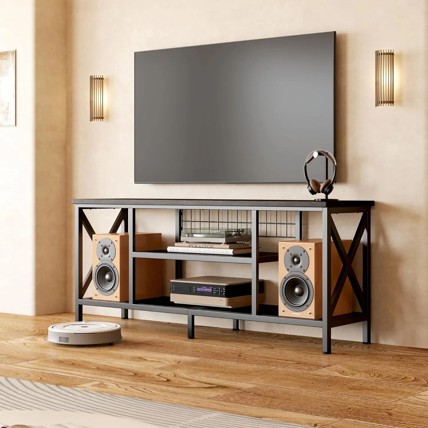 Gizoon TV Stand for 65 Inches TV, 59.8'' Entertainment Center with Metal Frame, TV Media Console Table with Open Storage Shelves, for Living Room, Bedroom, Black