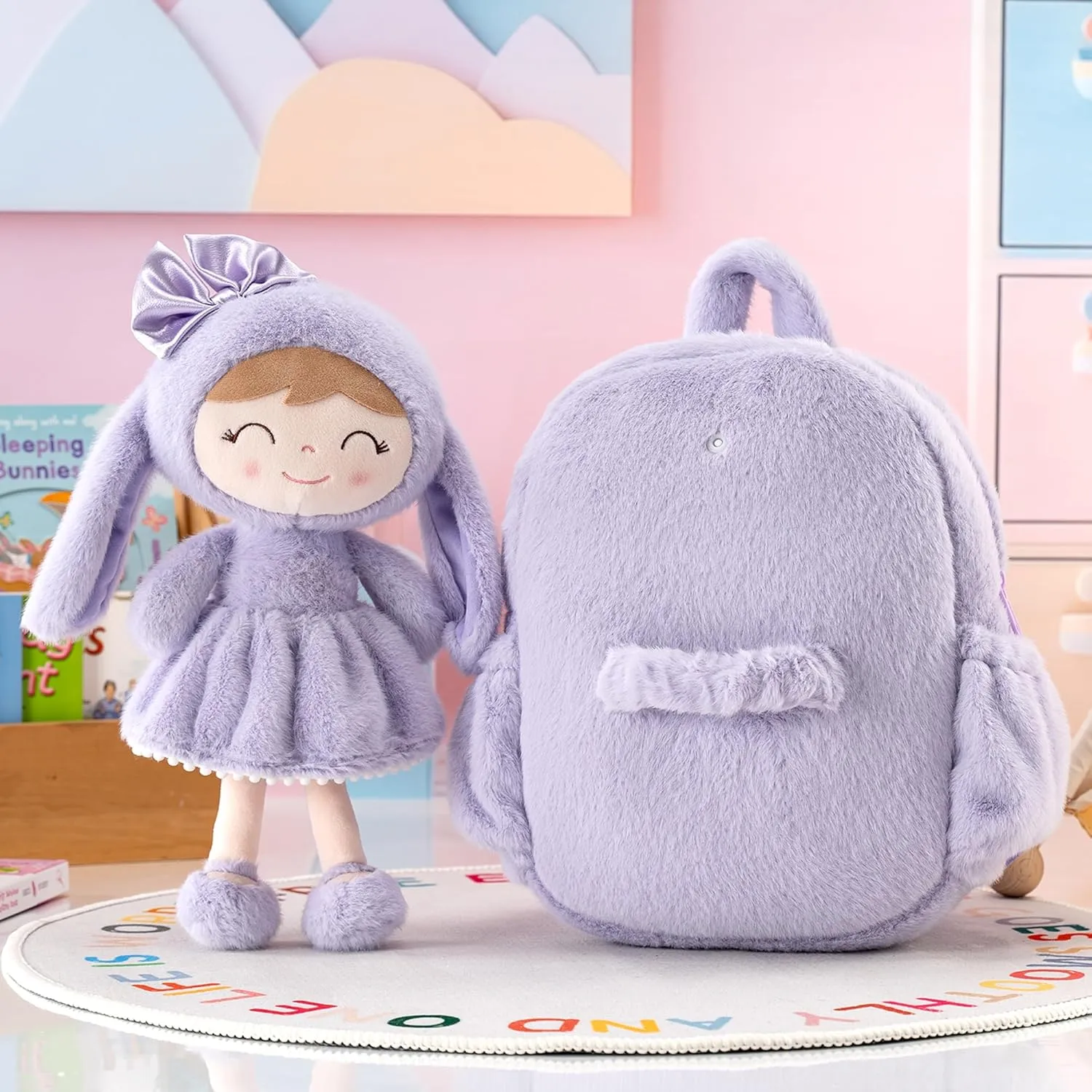 Gloveleya Bunny Toddler Backpack Plush Bag Baby Gift for Girl 2  Years Old with Detachable Purple Rabbit Doll 11 Inches