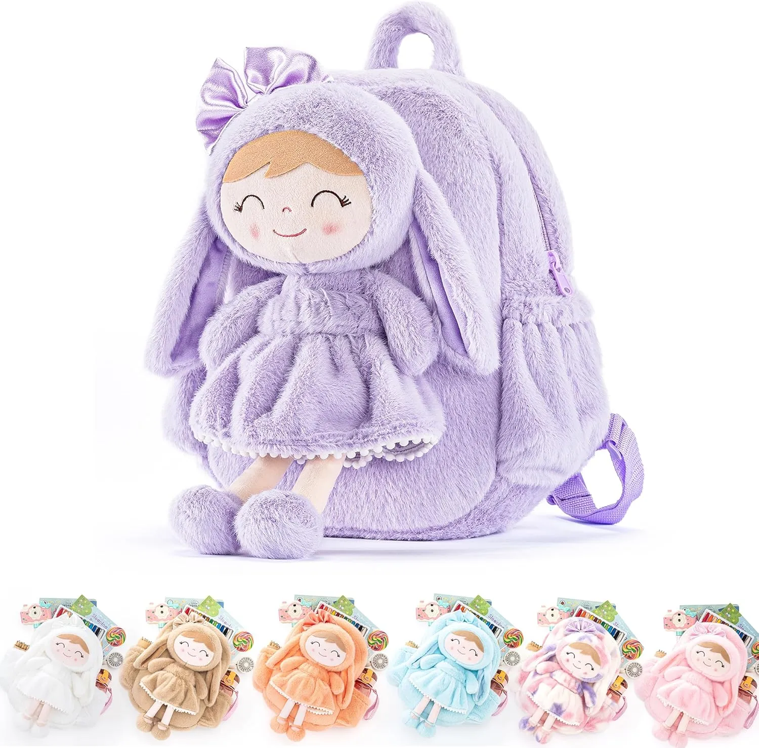 Gloveleya Bunny Toddler Backpack Plush Bag Baby Gift for Girl 2  Years Old with Detachable Purple Rabbit Doll 11 Inches