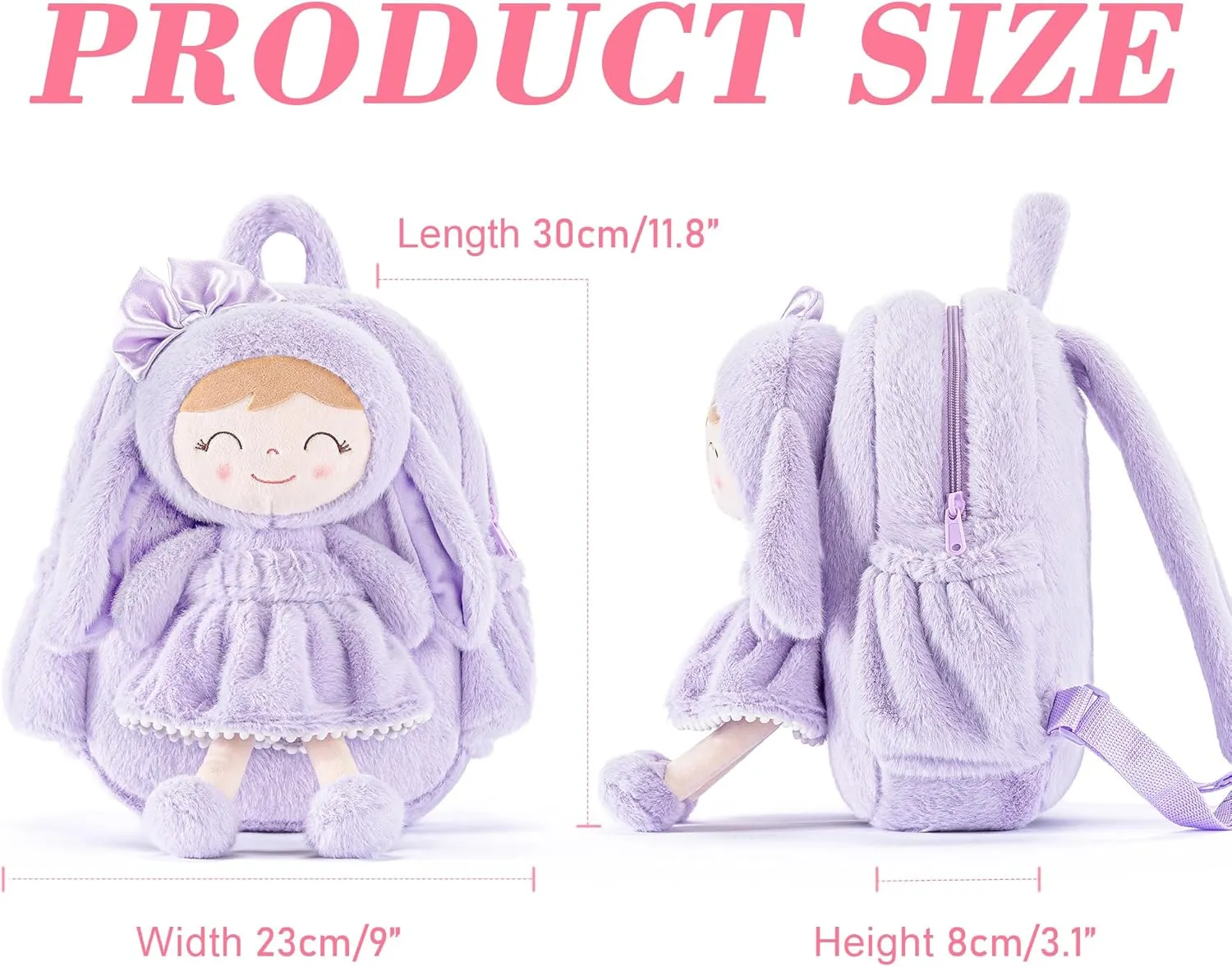 Gloveleya Bunny Toddler Backpack Plush Bag Baby Gift for Girl 2  Years Old with Detachable Purple Rabbit Doll 11 Inches