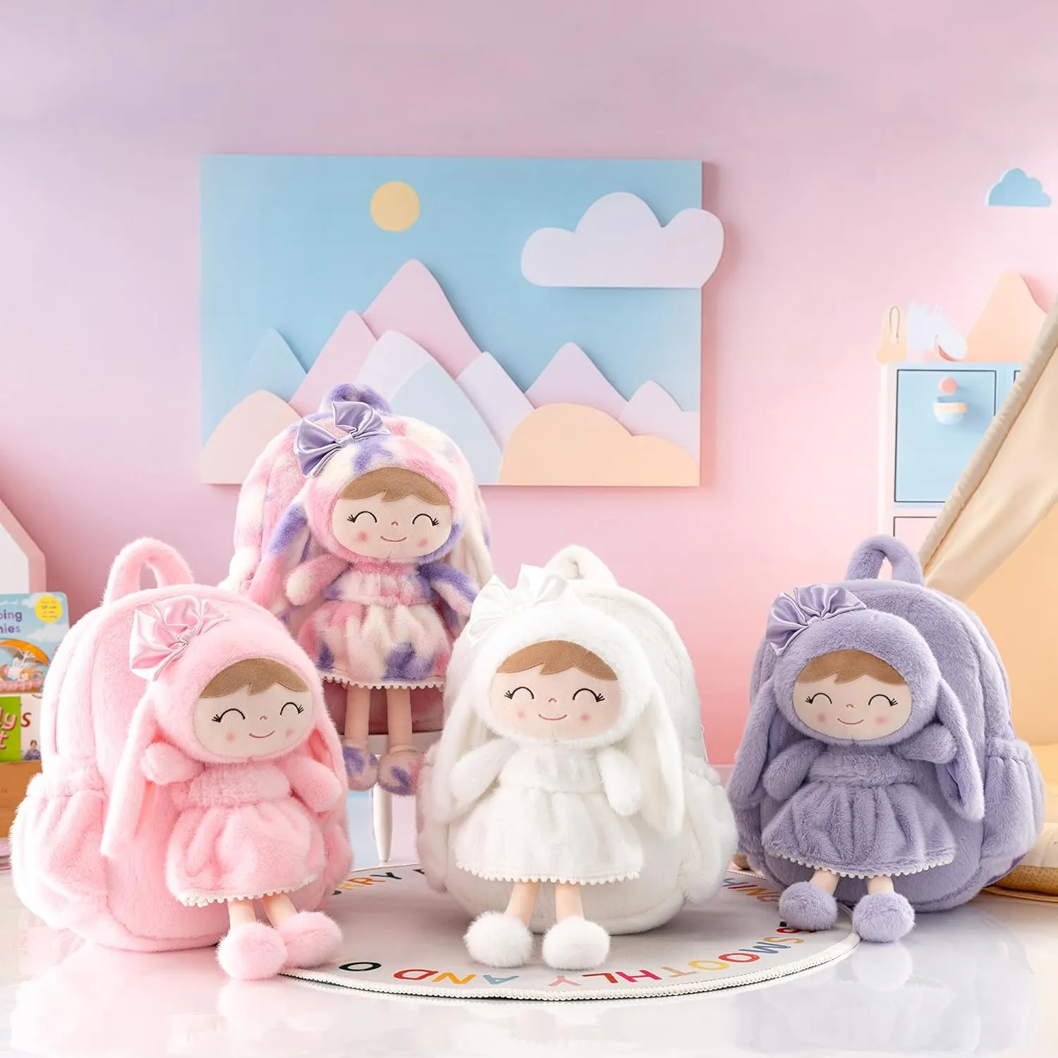 Gloveleya Bunny Toddler Backpack Plush Bag Baby Gift for Girl 2  Years Old with Detachable Purple Rabbit Doll 11 Inches
