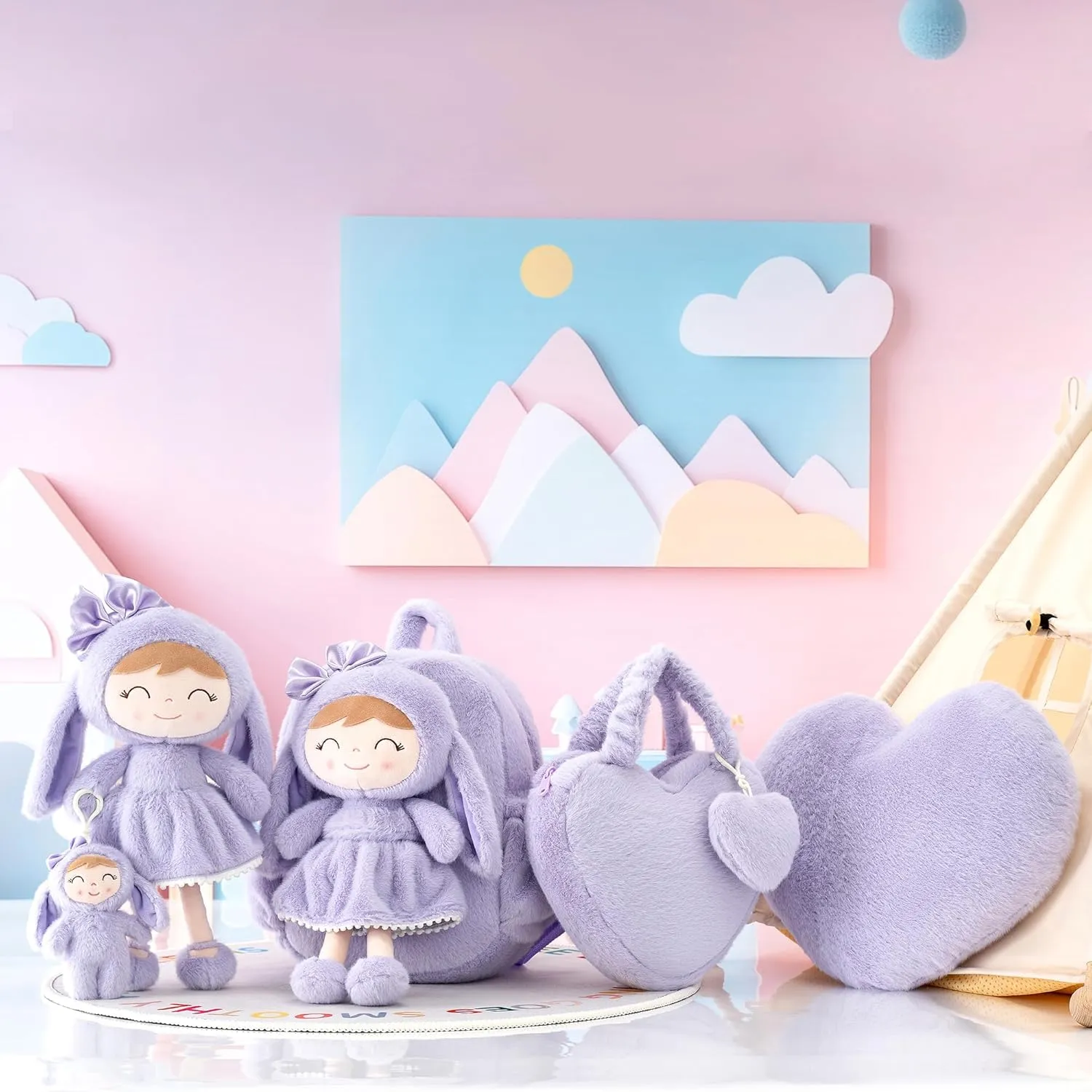 Gloveleya Bunny Toddler Backpack Plush Bag Baby Gift for Girl 2  Years Old with Detachable Purple Rabbit Doll 11 Inches