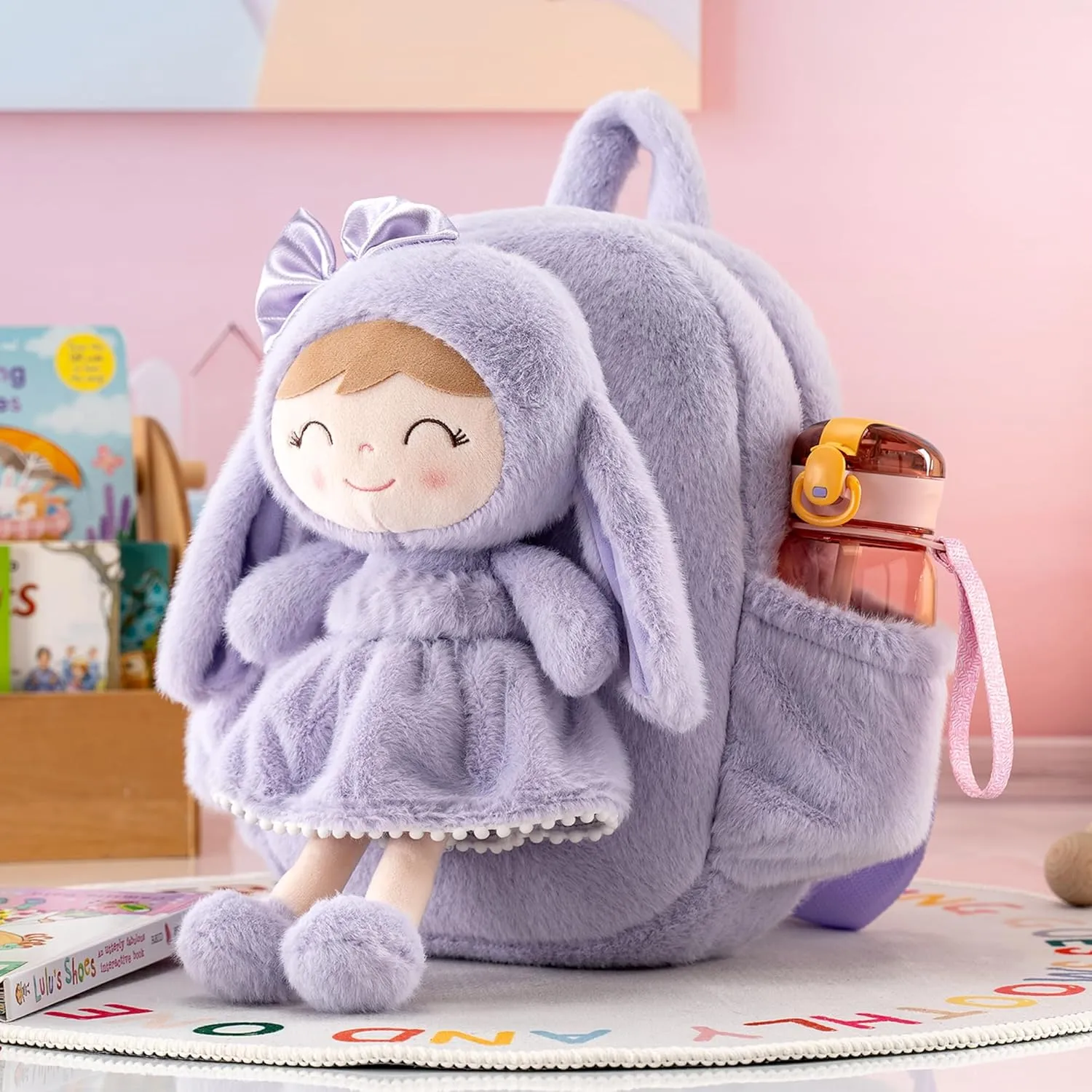 Gloveleya Bunny Toddler Backpack Plush Bag Baby Gift for Girl 2  Years Old with Detachable Purple Rabbit Doll 11 Inches