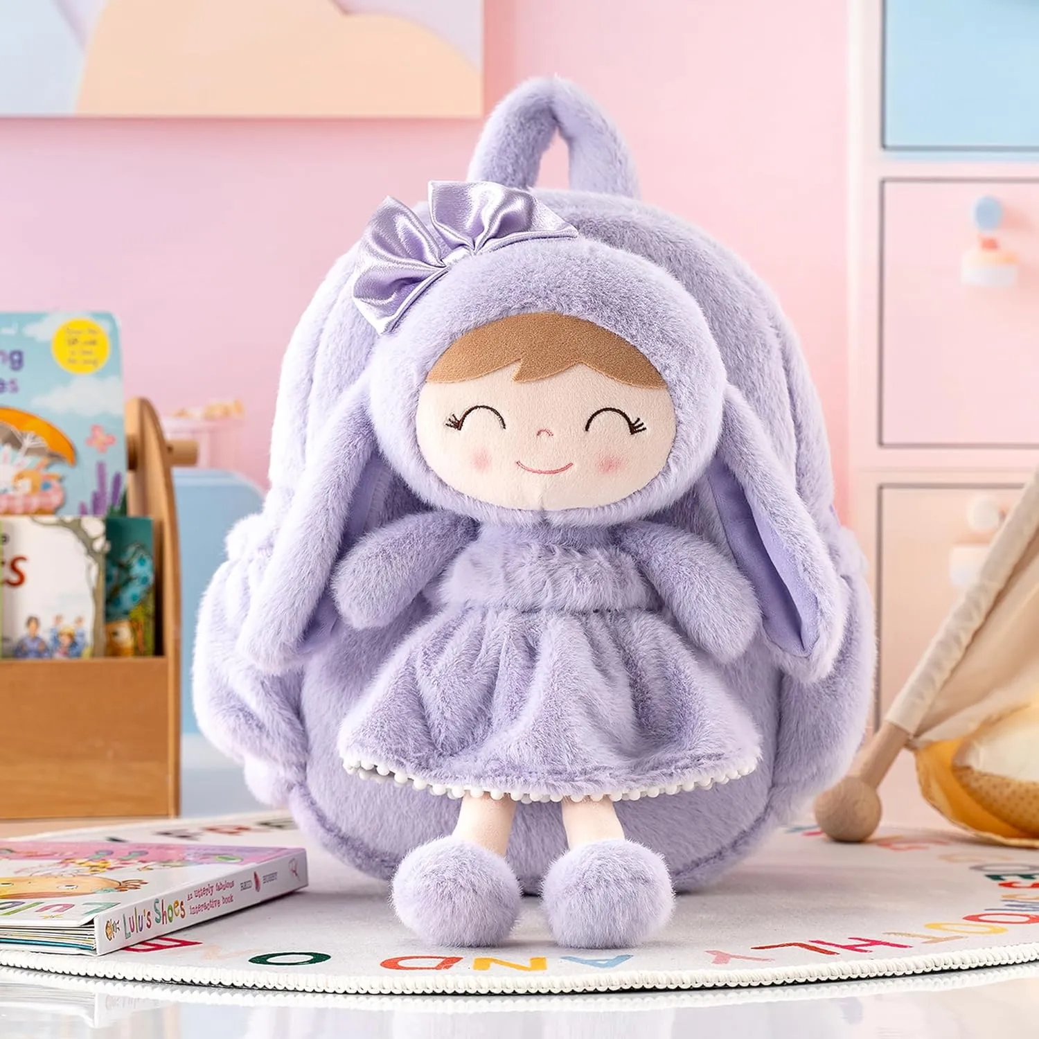 Gloveleya Bunny Toddler Backpack Plush Bag Baby Gift for Girl 2  Years Old with Detachable Purple Rabbit Doll 11 Inches