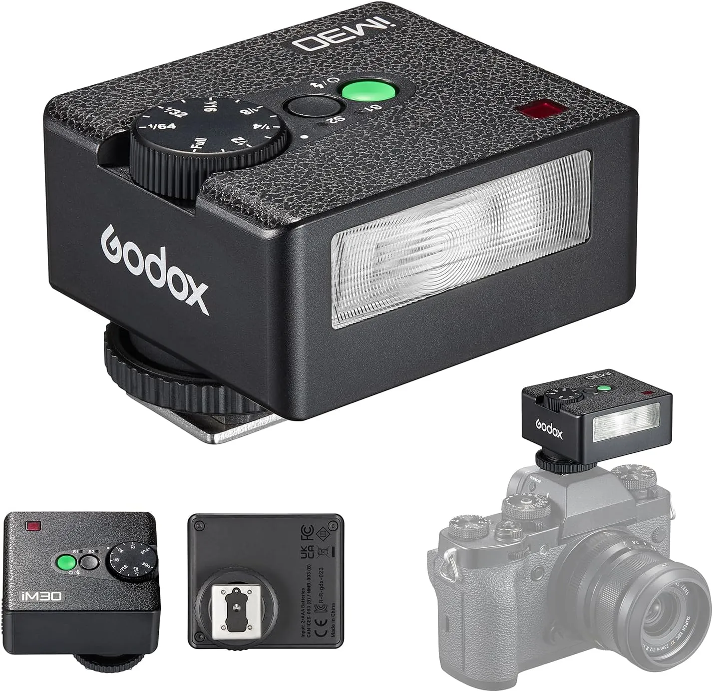 Godox iM30 Mini On-Camera Flash GN15 Camera Speedlite 7 Power Levels 3.6s Recycle Time with Single-Contact Hot Shoe Replacement for Canon Nikon Sony Mirrorless Cameras Film Cameras