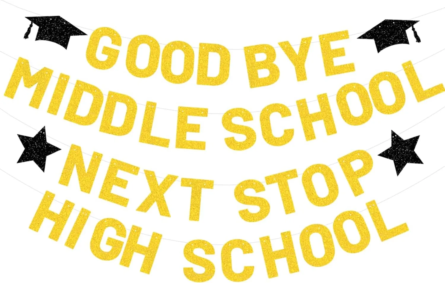 Gold Glitter Goodbye Middle School Next Stop High School Banner, Middle School Graduation Decorations 2025, 8TH Graduation Decorations, Last Day of 8th Grade Grad Banner for Home School Classroom GB-M