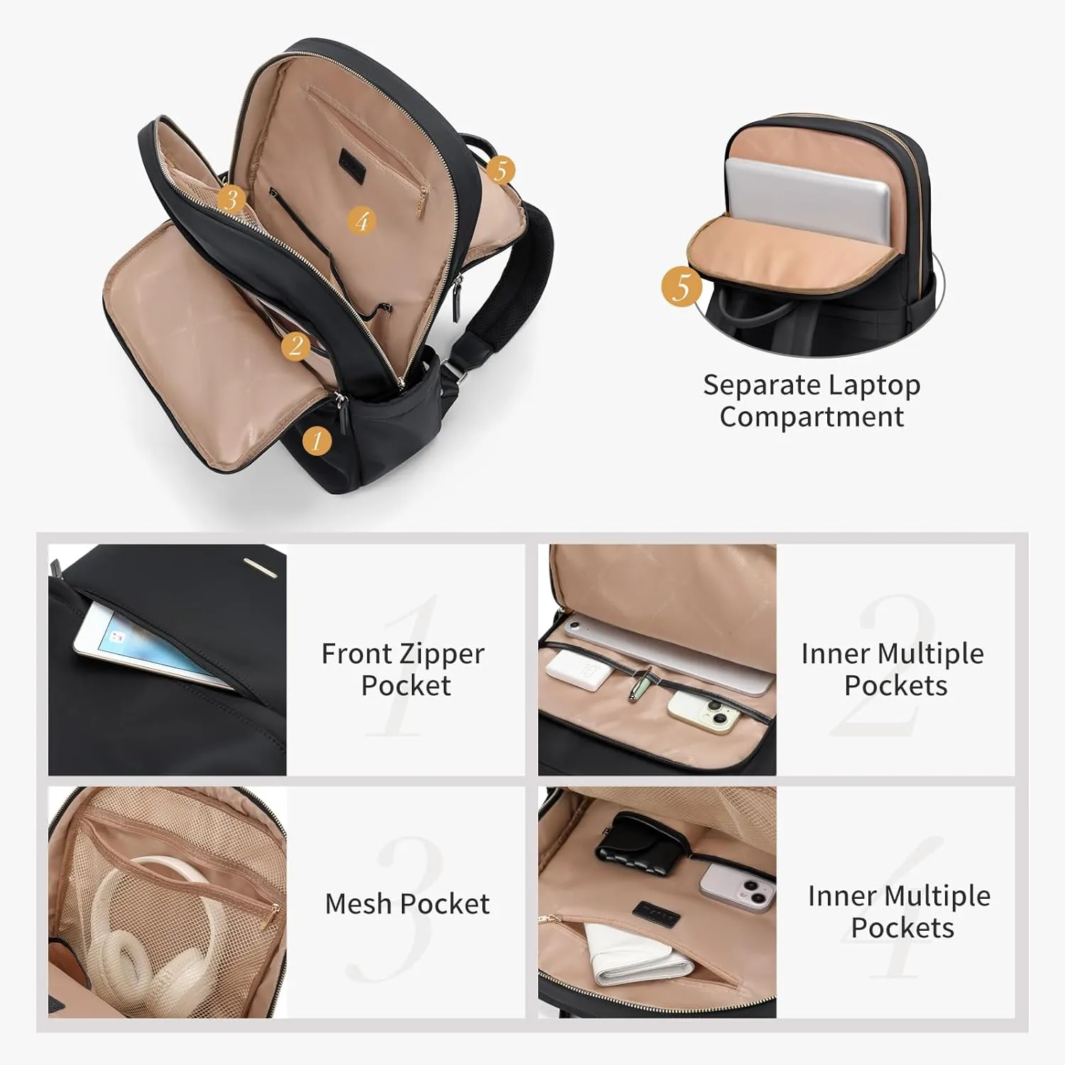 GOLF SUPAGS Women Laptop Backpack Casual Daypack for Work Travel College Backpack Purse Fits 14 Inch Notebook (Black)