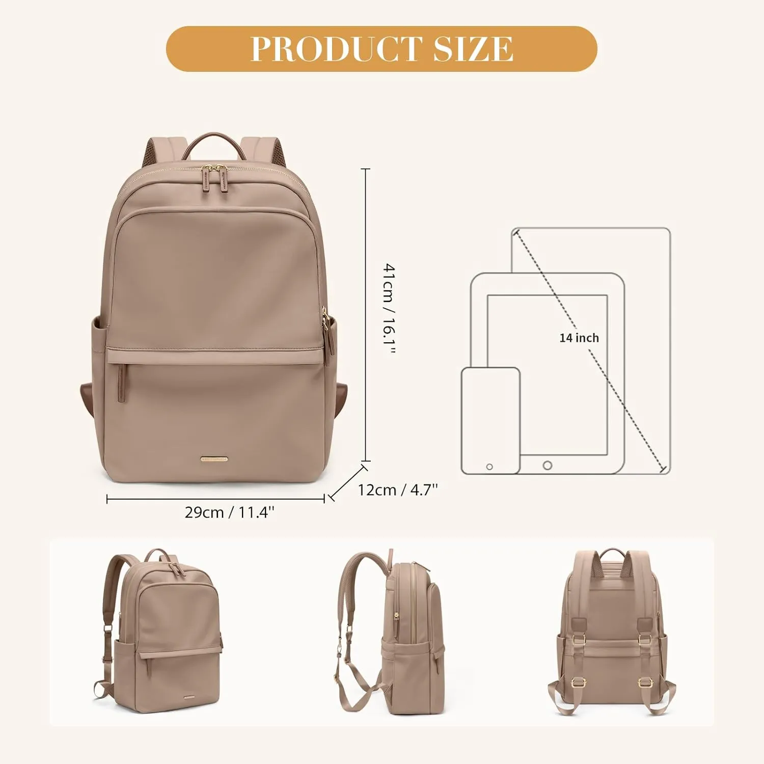 GOLF SUPAGS Women Laptop Backpack Casual Daypack for Work Travel College Backpack Purse Fits 14 Inch Notebook (Champagne)