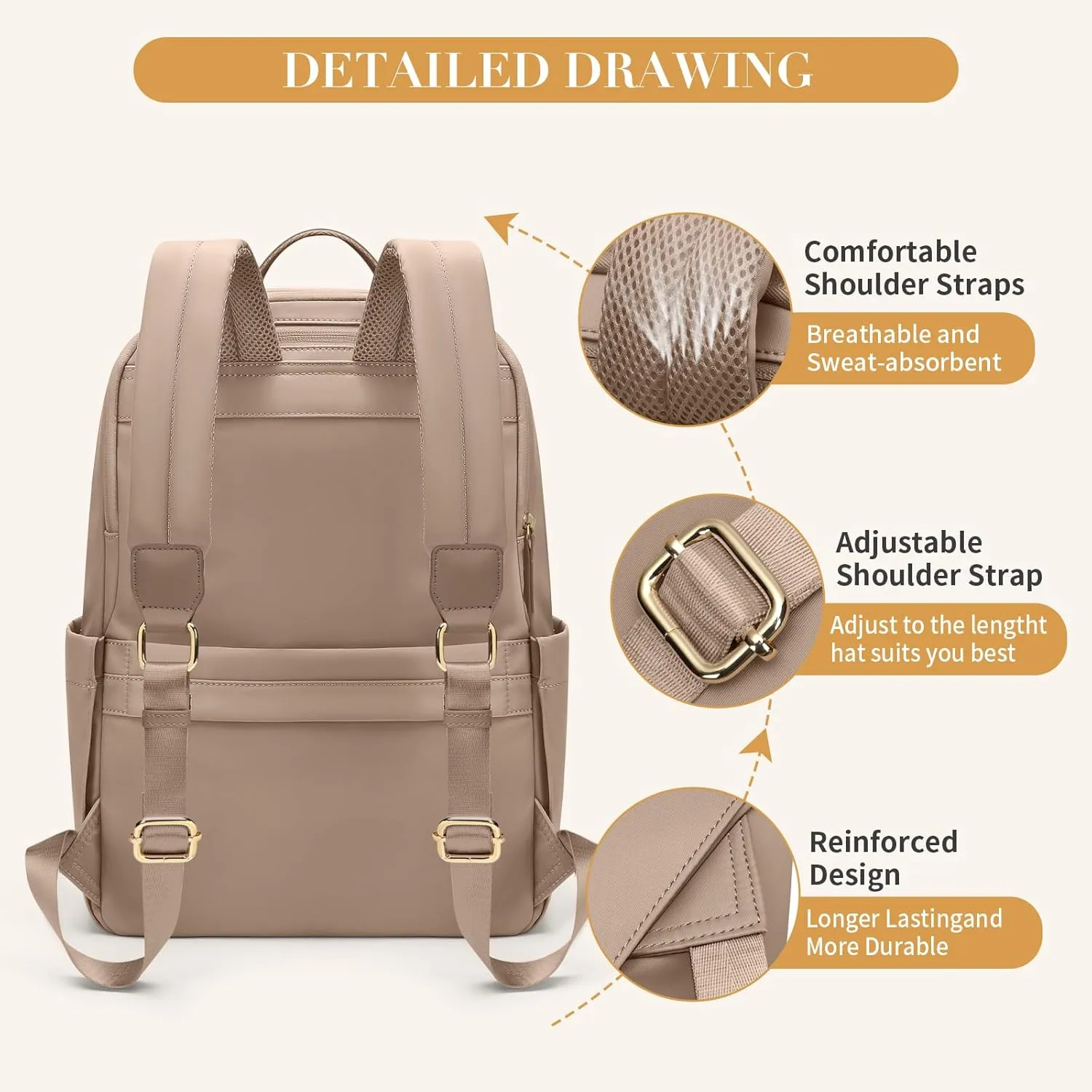 GOLF SUPAGS Women Laptop Backpack Casual Daypack for Work Travel College Backpack Purse Fits 14 Inch Notebook (Champagne)