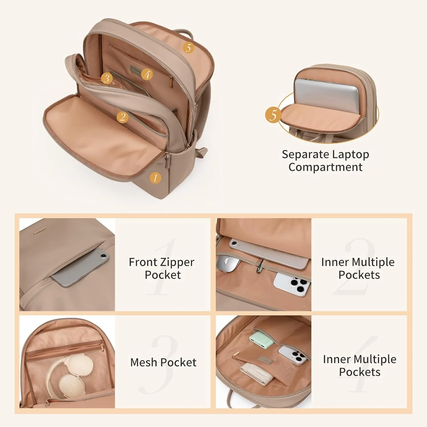 GOLF SUPAGS Women Laptop Backpack Casual Daypack for Work Travel College Backpack Purse Fits 14 Inch Notebook (Champagne)