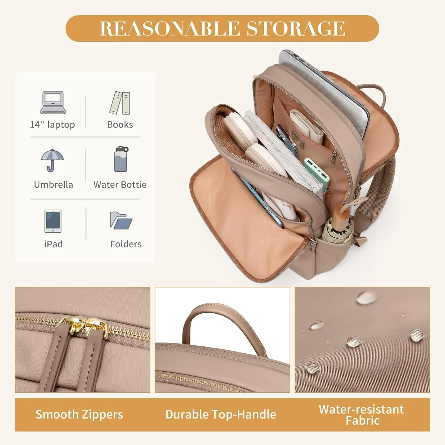 GOLF SUPAGS Women Laptop Backpack Casual Daypack for Work Travel College Backpack Purse Fits 14 Inch Notebook (Champagne)