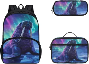 Gomyblomy Aurora Walrus Backpack for Boys Bookbag with Lunch Box Set for Elementary Middle School Large Capacity Teens School Bags Set of 3 Kids Back Packs Back to School Supplies