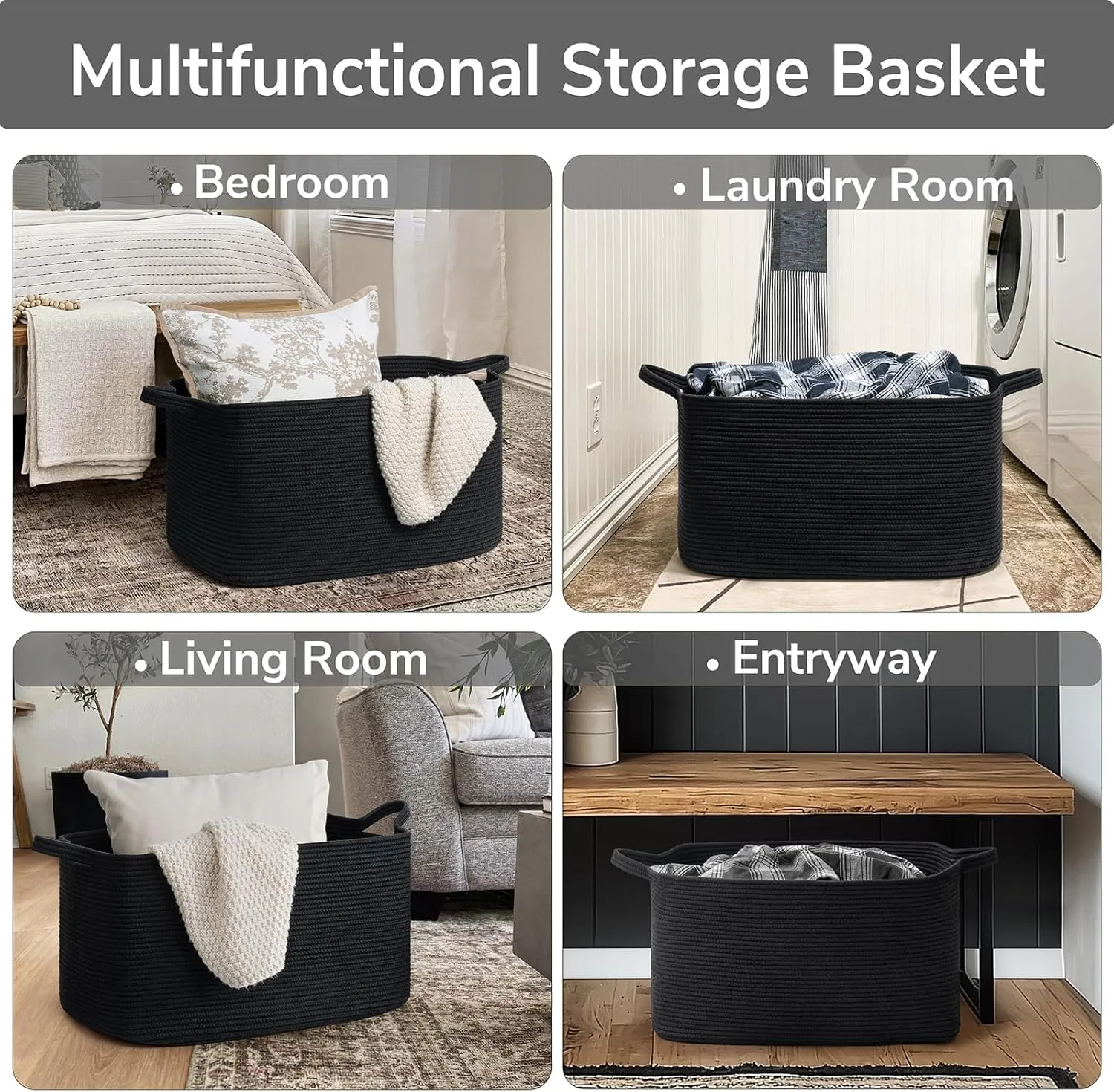 Goodpick Large Blanket Basket Living Room, 21.6" x 14.9" x 11.8" Woven Storage Basket for Blankets, Toys, Rectangle Rope Dirty Clothes Baskets for Nursery, Bedroom, Black