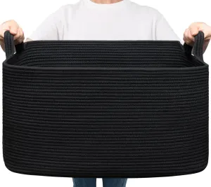 Goodpick Large Blanket Basket Living Room, 21.6" x 14.9" x 11.8" Woven Storage Basket for Blankets, Toys, Rectangle Rope Dirty Clothes Baskets for Nursery, Bedroom, Black