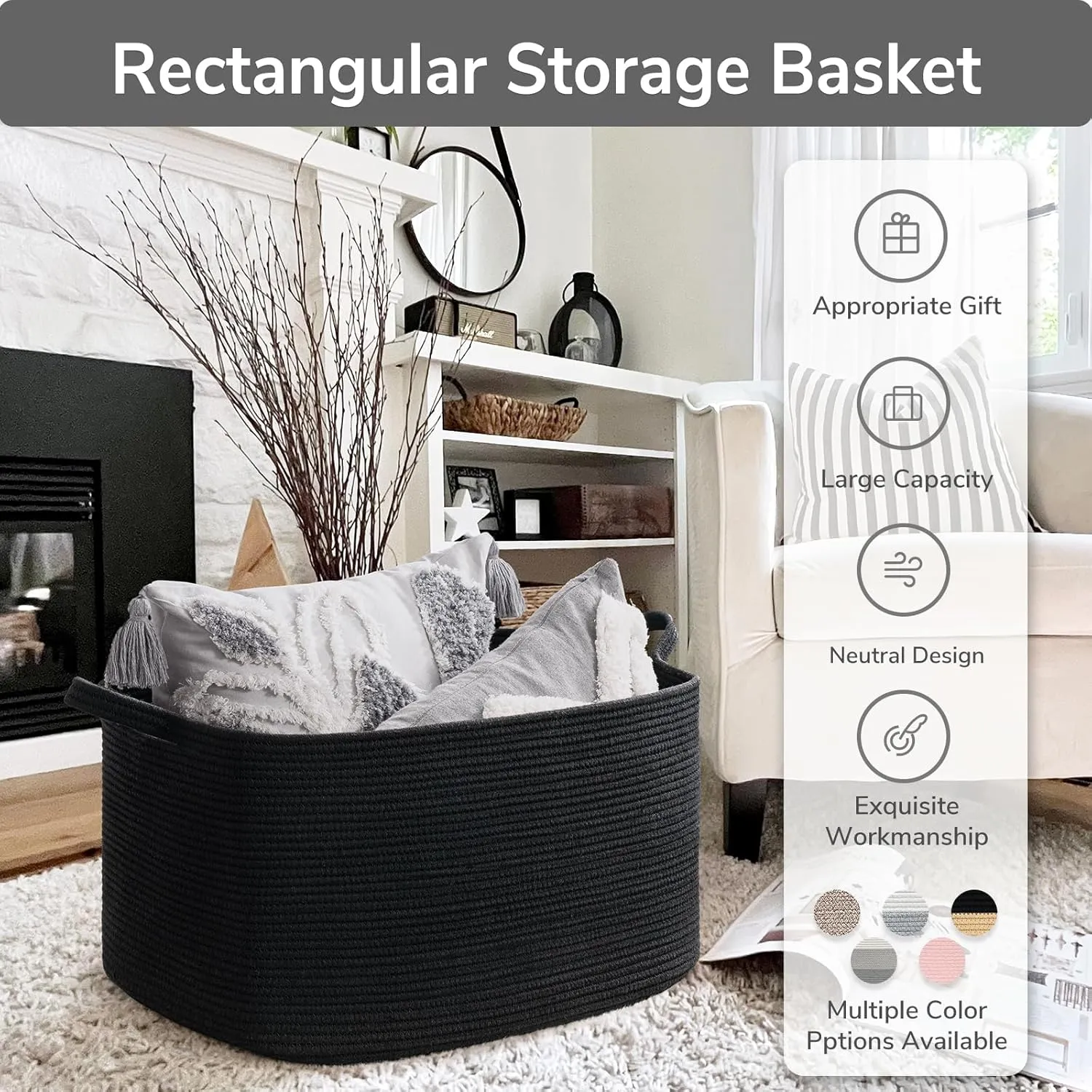 Goodpick Large Blanket Basket Living Room, 21.6" x 14.9" x 11.8" Woven Storage Basket for Blankets, Toys, Rectangle Rope Dirty Clothes Baskets for Nursery, Bedroom, Black