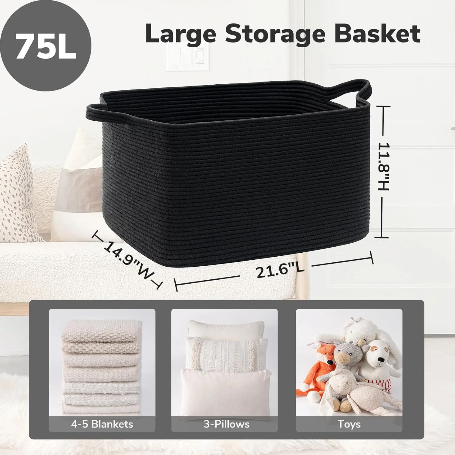 Goodpick Large Blanket Basket Living Room, 21.6" x 14.9" x 11.8" Woven Storage Basket for Blankets, Toys, Rectangle Rope Dirty Clothes Baskets for Nursery, Bedroom, Black
