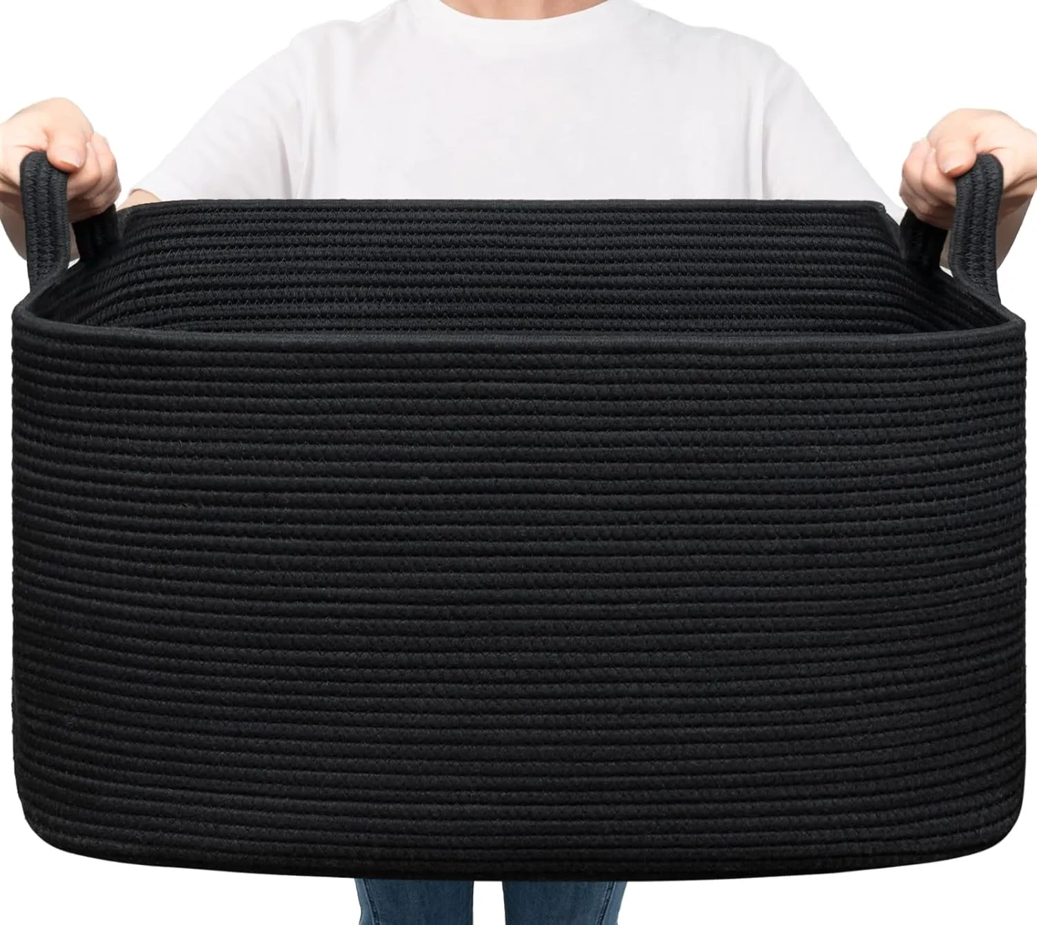 Goodpick Large Blanket Basket Living Room, 21.6" x 14.9" x 11.8" Woven Storage Basket for Blankets, Toys, Rectangle Rope Dirty Clothes Baskets for Nursery, Bedroom, Black