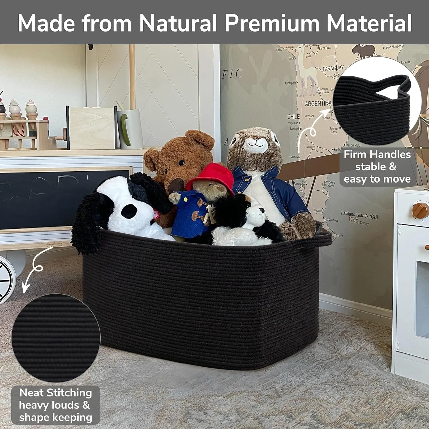 Goodpick Large Blanket Basket Living Room, 21.6" x 14.9" x 11.8" Woven Storage Basket for Blankets, Toys, Rectangle Rope Dirty Clothes Baskets for Nursery, Bedroom, Black
