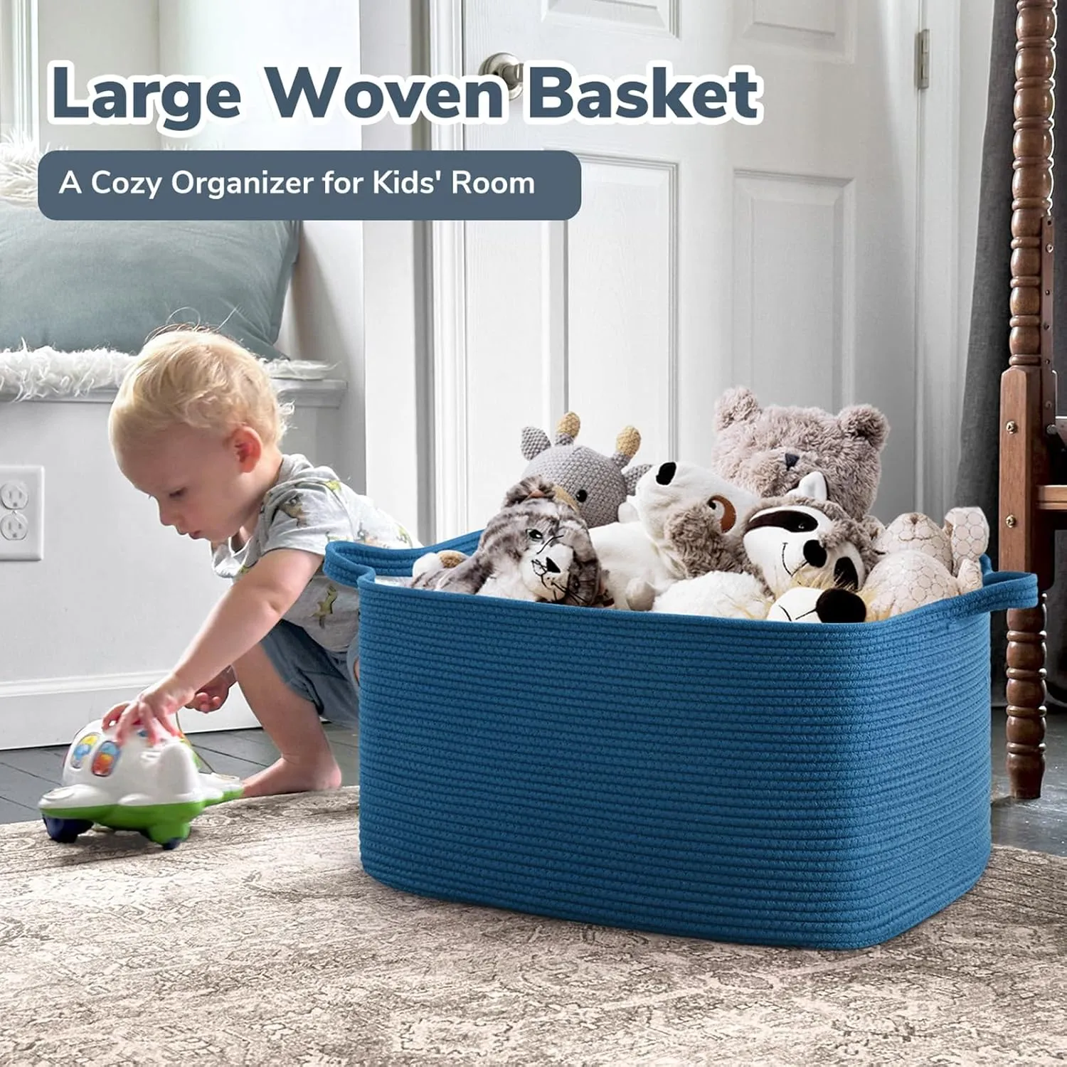 Goodpick Large Blanket Basket, Storage Baskets for Organizing, Rectangle Woven Basket for Clothes, Towels, Toy Baskets Storage Kids, 21.6" x 14.9" x 11.8"
