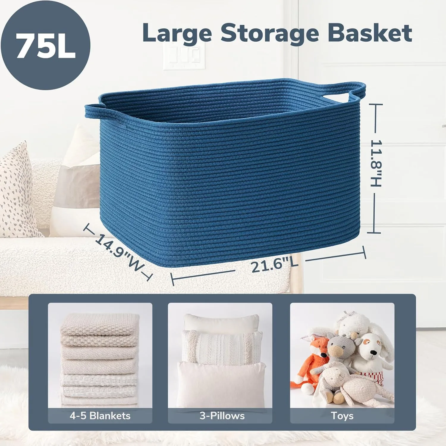 Goodpick Large Blanket Basket, Storage Baskets for Organizing, Rectangle Woven Basket for Clothes, Towels, Toy Baskets Storage Kids, 21.6" x 14.9" x 11.8"