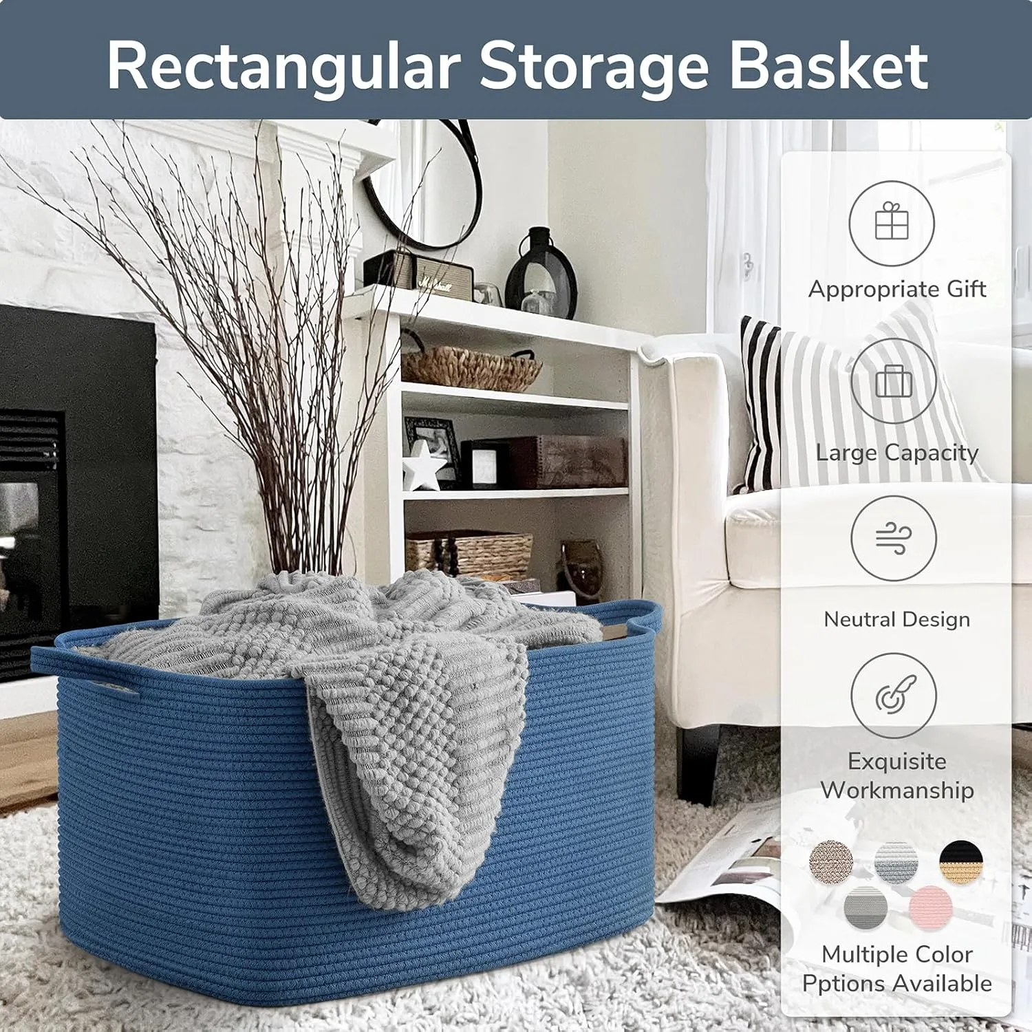 Goodpick Large Blanket Basket, Storage Baskets for Organizing, Rectangle Woven Basket for Clothes, Towels, Toy Baskets Storage Kids, 21.6" x 14.9" x 11.8"