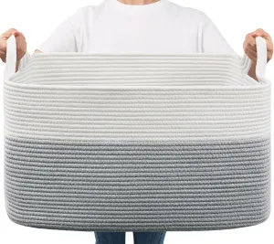 Goodpick Large Toy Storage Basket, Grey Cotton Rope Baskets Toy Storage Bin for Baby, Kids, Woven Storage Basket with Handle for Laundry, Living Room, Nursery, Bedroom, 21.6" x 14.9" x 11.8"