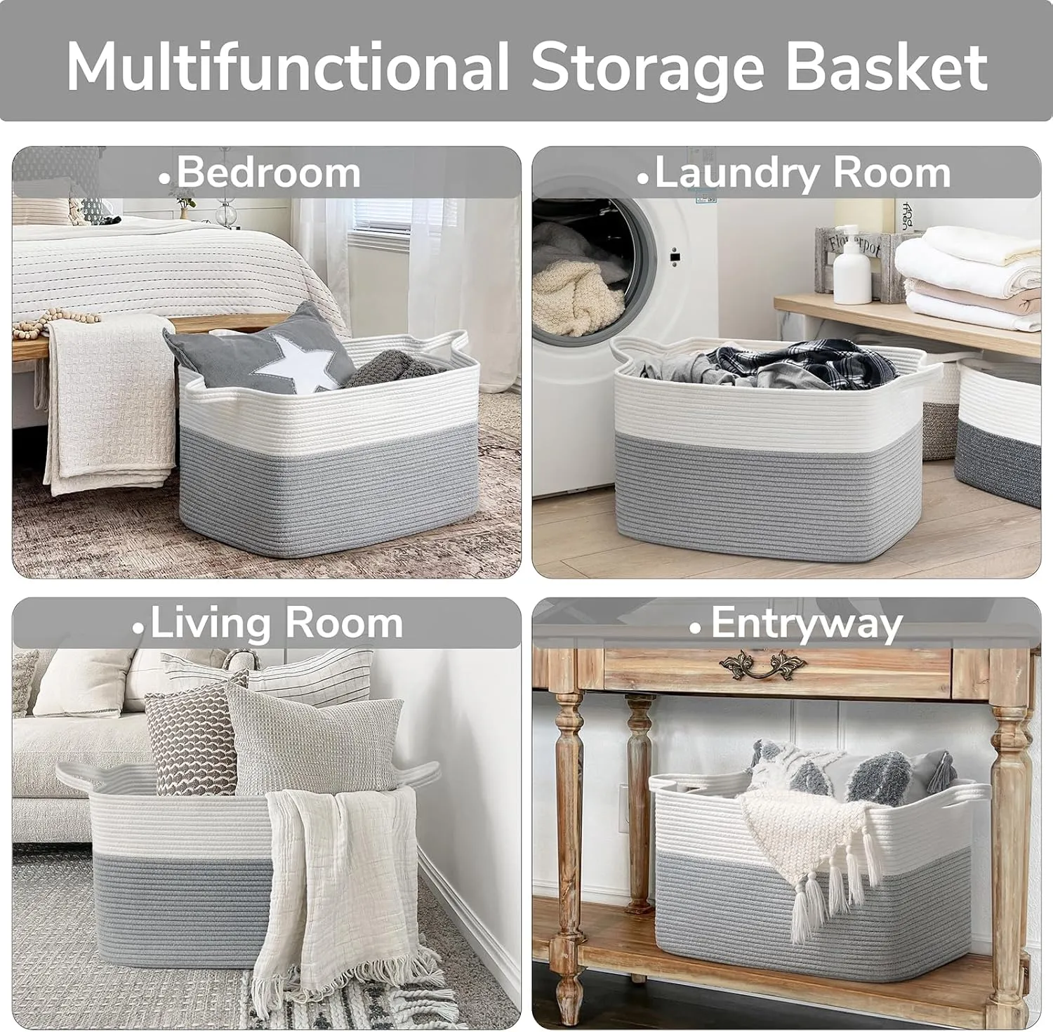 Goodpick Large Toy Storage Basket, Grey Cotton Rope Baskets Toy Storage Bin for Baby, Kids, Woven Storage Basket with Handle for Laundry, Living Room, Nursery, Bedroom, 21.6" x 14.9" x 11.8"
