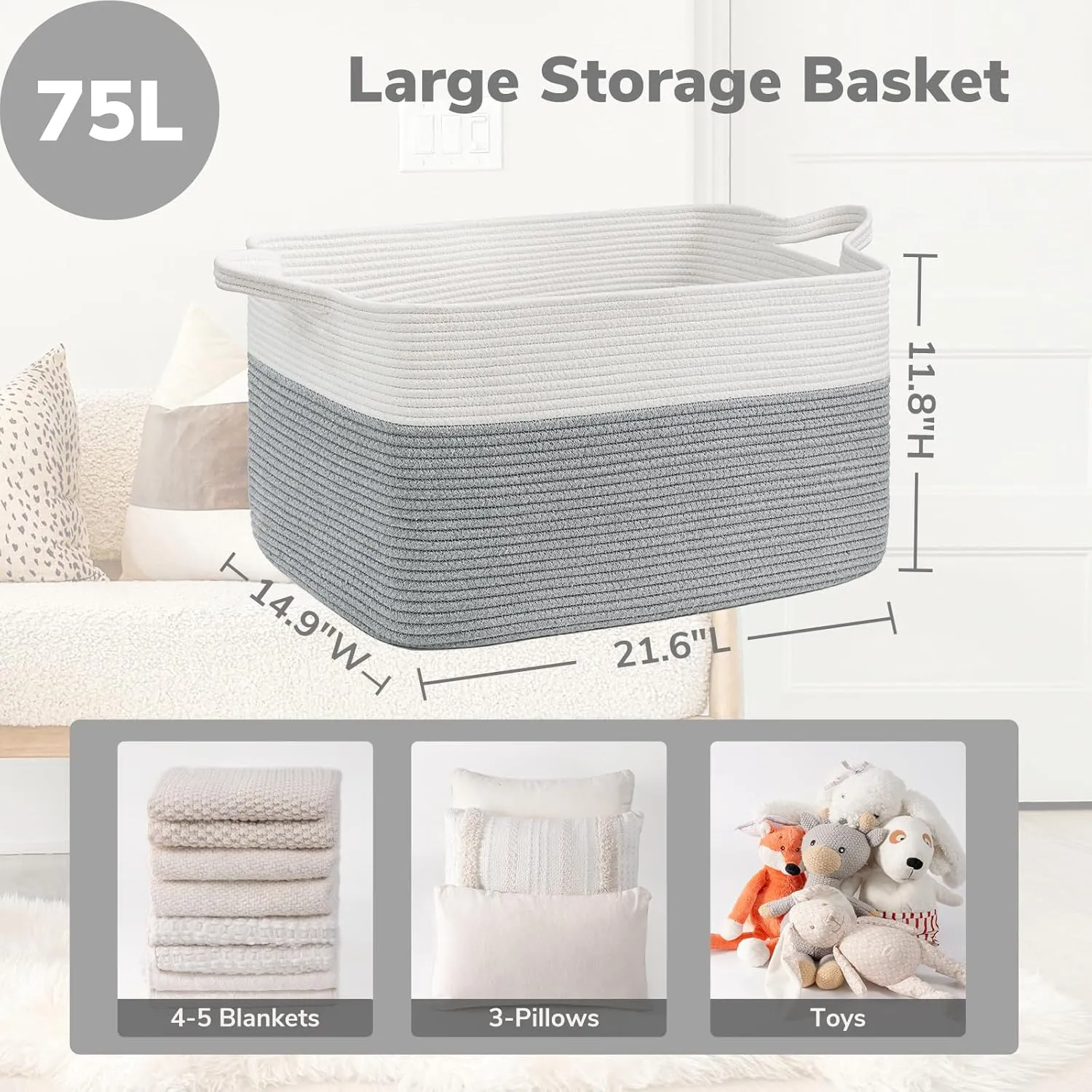 Goodpick Large Toy Storage Basket, Grey Cotton Rope Baskets Toy Storage Bin for Baby, Kids, Woven Storage Basket with Handle for Laundry, Living Room, Nursery, Bedroom, 21.6" x 14.9" x 11.8"