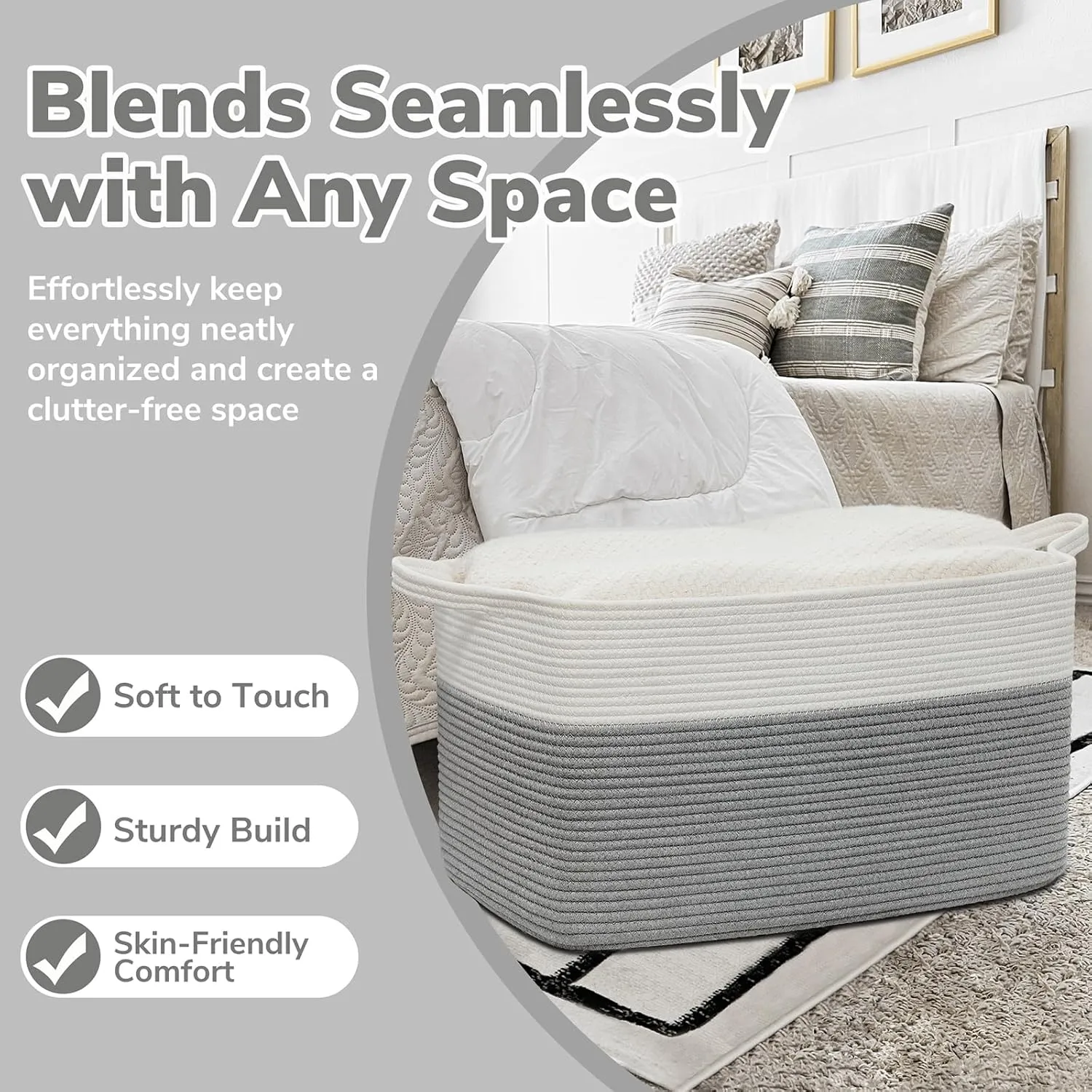 Goodpick Large Toy Storage Basket, Grey Cotton Rope Baskets Toy Storage Bin for Baby, Kids, Woven Storage Basket with Handle for Laundry, Living Room, Nursery, Bedroom, 21.6" x 14.9" x 11.8"