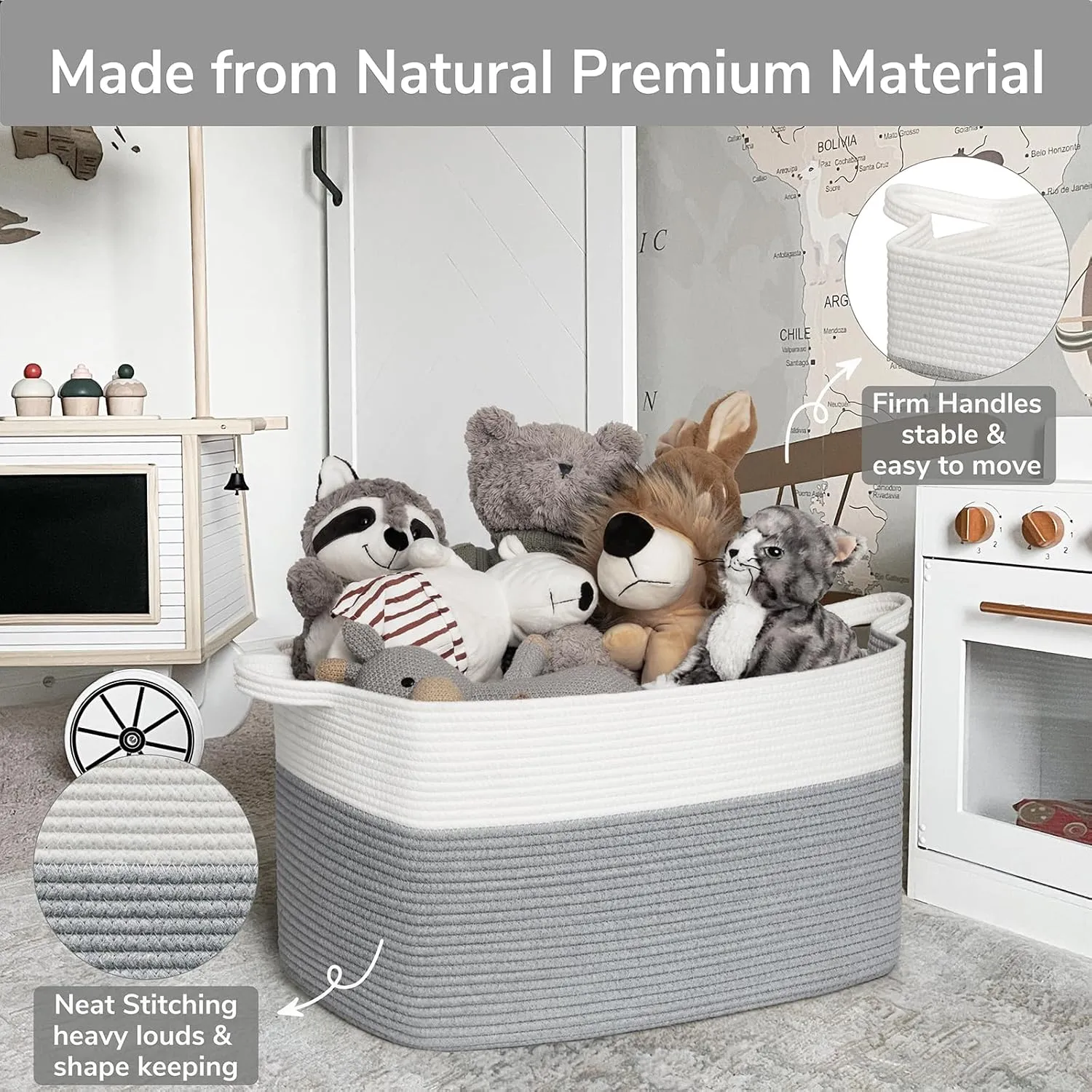 Goodpick Large Toy Storage Basket, Grey Cotton Rope Baskets Toy Storage Bin for Baby, Kids, Woven Storage Basket with Handle for Laundry, Living Room, Nursery, Bedroom, 21.6" x 14.9" x 11.8"