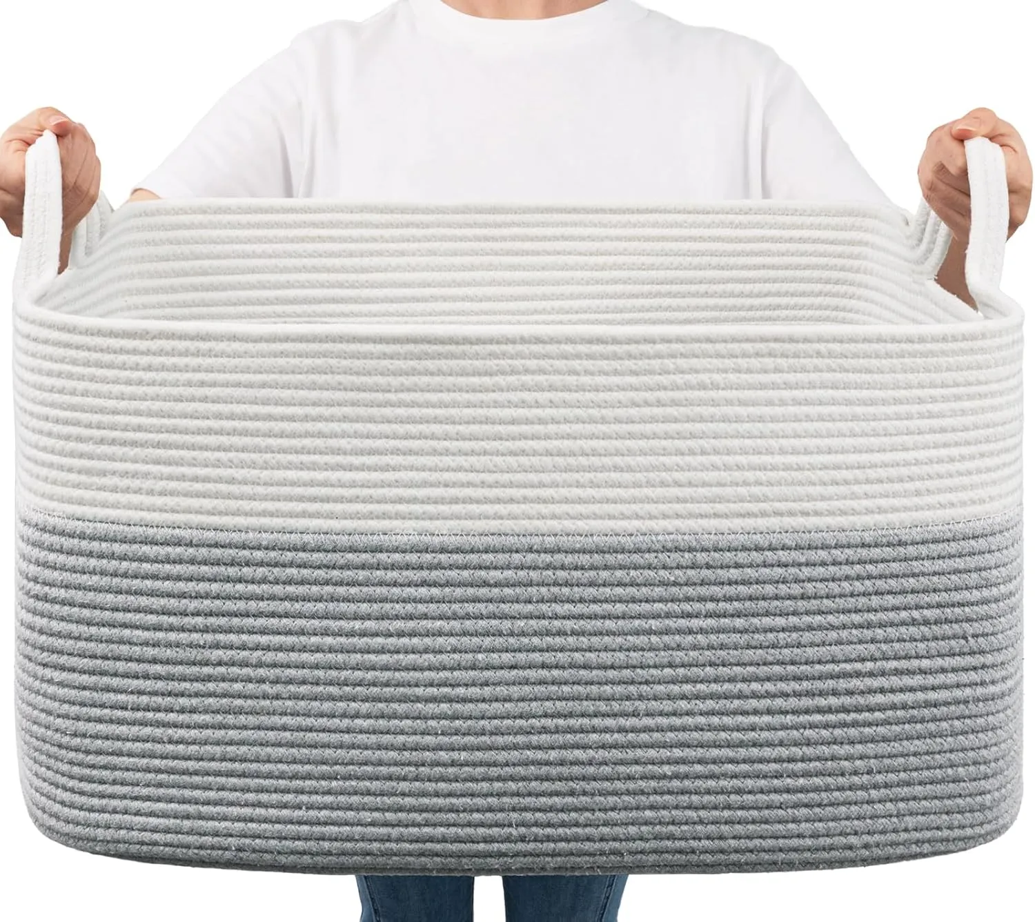 Goodpick Large Toy Storage Basket, Grey Cotton Rope Baskets Toy Storage Bin for Baby, Kids, Woven Storage Basket with Handle for Laundry, Living Room, Nursery, Bedroom, 21.6" x 14.9" x 11.8"