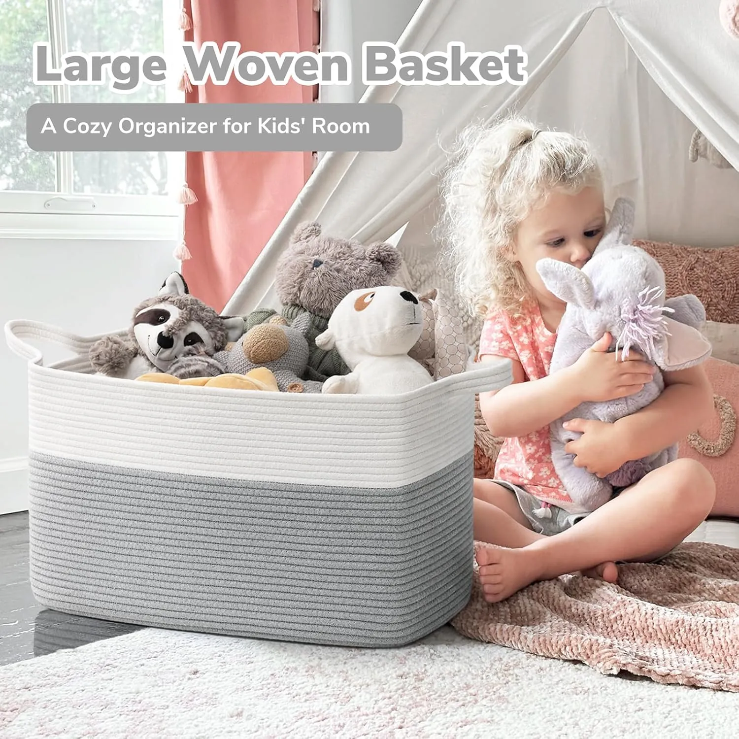 Goodpick Large Toy Storage Basket, Grey Cotton Rope Baskets Toy Storage Bin for Baby, Kids, Woven Storage Basket with Handle for Laundry, Living Room, Nursery, Bedroom, 21.6" x 14.9" x 11.8"
