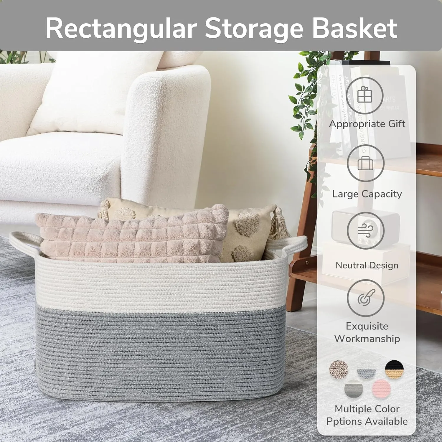 Goodpick Large Toy Storage Basket, Grey Cotton Rope Baskets Toy Storage Bin for Baby, Kids, Woven Storage Basket with Handle for Laundry, Living Room, Nursery, Bedroom, 21.6" x 14.9" x 11.8"
