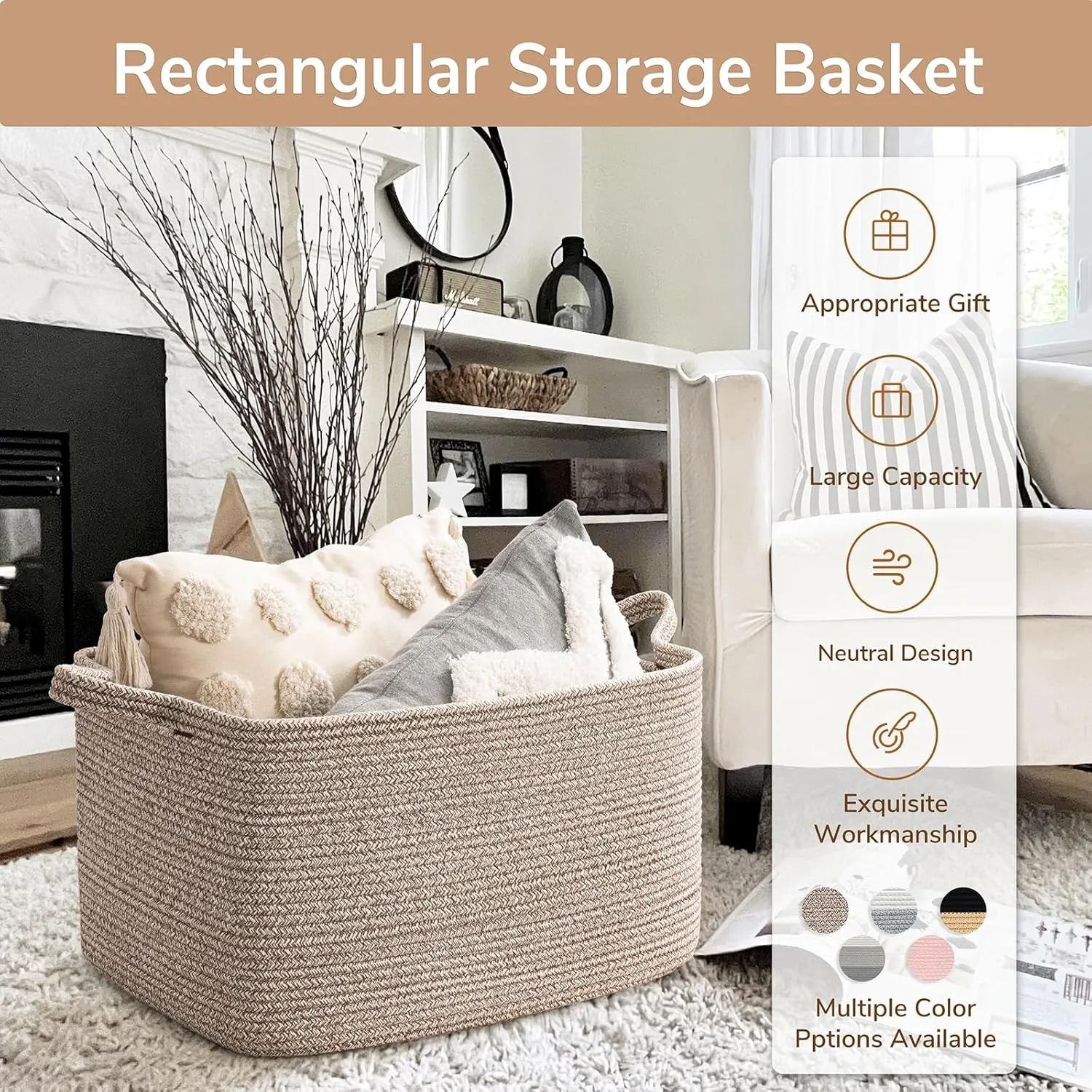 Goodpick Large Woven Storage Basket, 21.6" x 14.9" x 11.8" Blanket Basket for Living Room, Bedroom, Rectangle Rope Storage Organizer for Clothes, Toys, Brown