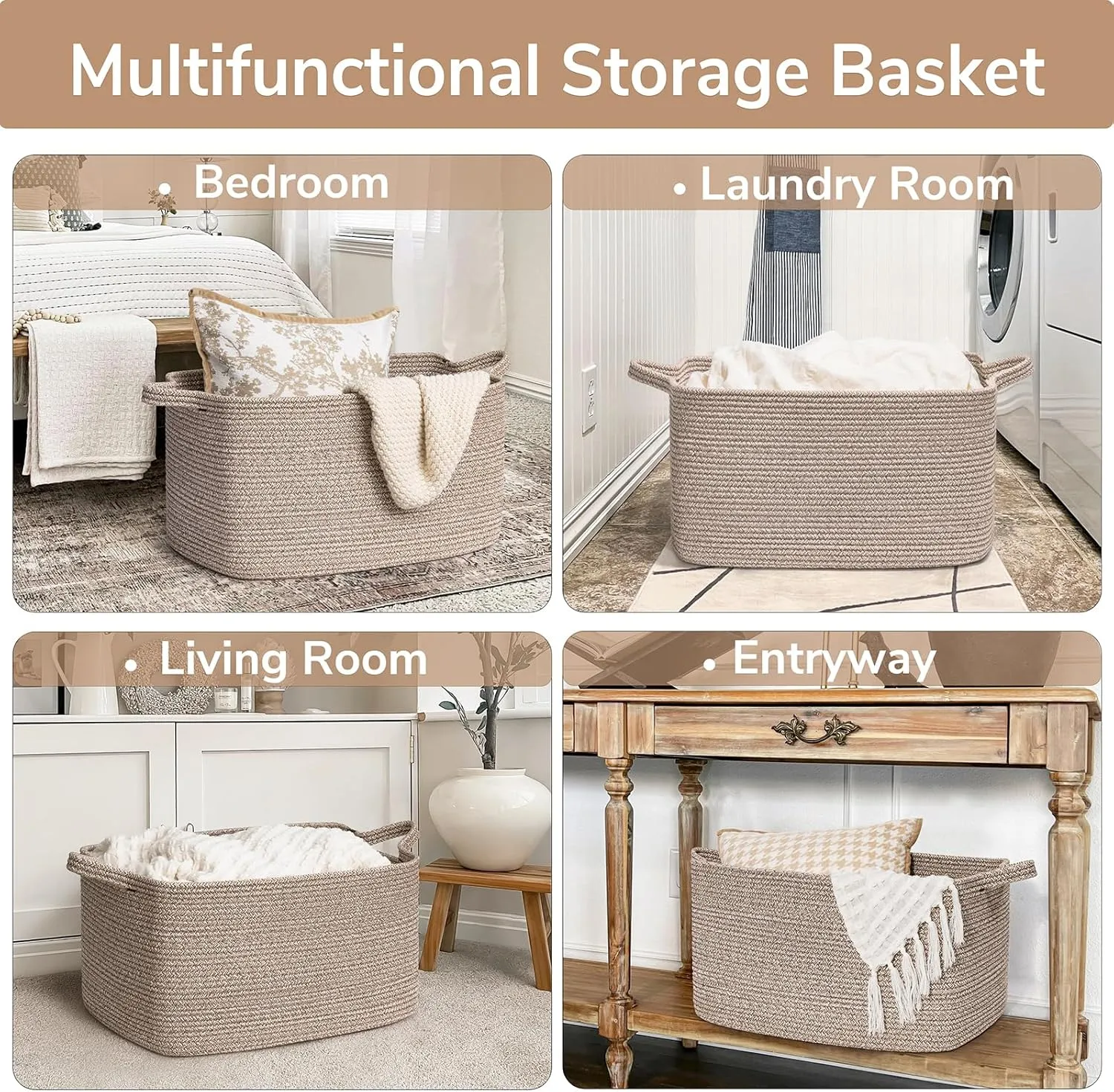 Goodpick Large Woven Storage Basket, 21.6" x 14.9" x 11.8" Blanket Basket for Living Room, Bedroom, Rectangle Rope Storage Organizer for Clothes, Toys, Brown
