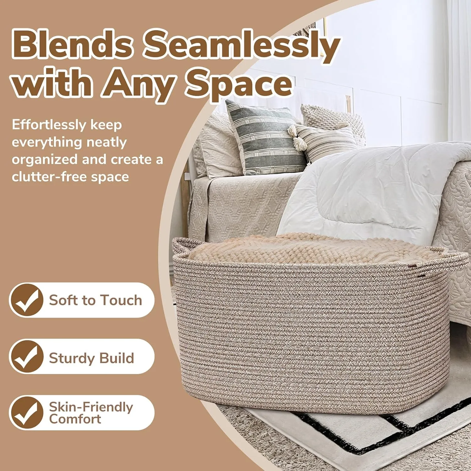 Goodpick Large Woven Storage Basket, 21.6" x 14.9" x 11.8" Blanket Basket for Living Room, Bedroom, Rectangle Rope Storage Organizer for Clothes, Toys, Brown
