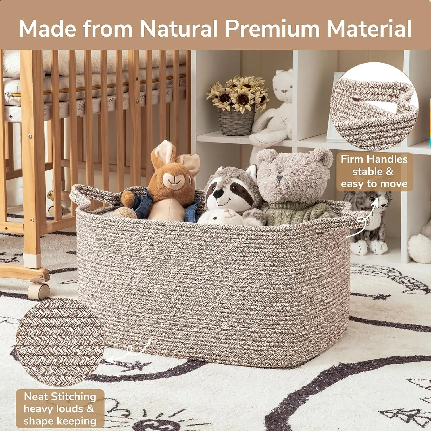 Goodpick Large Woven Storage Basket, 21.6" x 14.9" x 11.8" Blanket Basket for Living Room, Bedroom, Rectangle Rope Storage Organizer for Clothes, Toys, Brown