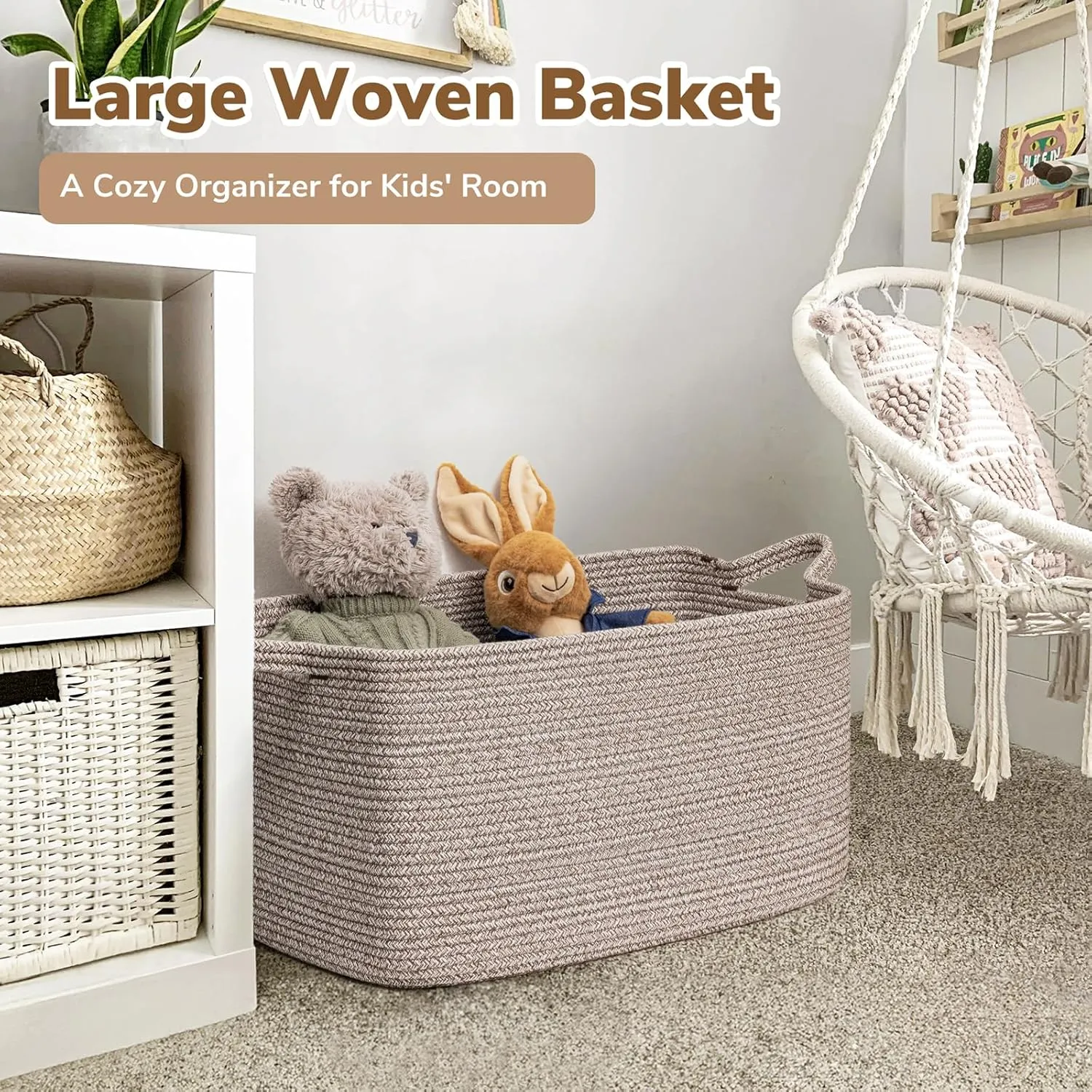 Goodpick Large Woven Storage Basket, 21.6" x 14.9" x 11.8" Blanket Basket for Living Room, Bedroom, Rectangle Rope Storage Organizer for Clothes, Toys, Brown