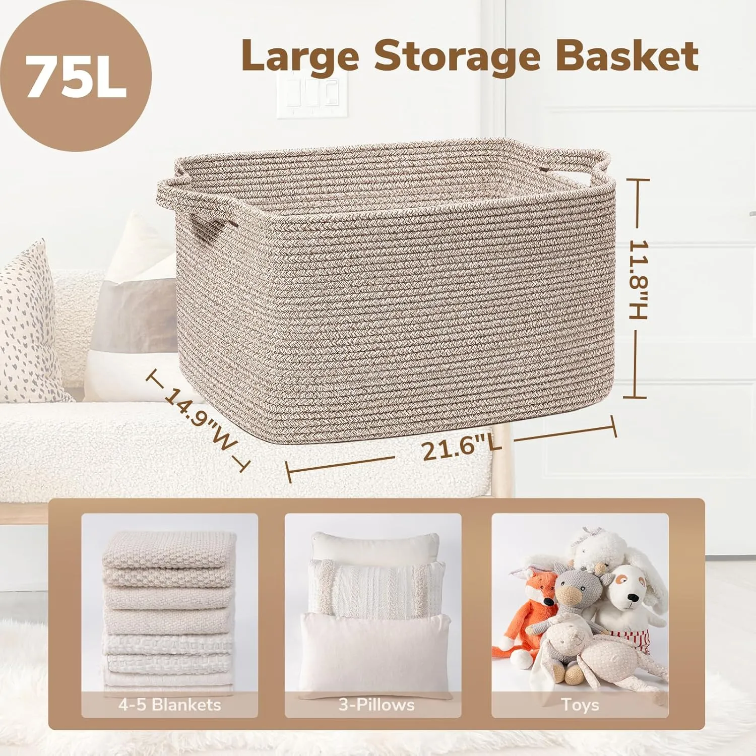 Goodpick Large Woven Storage Basket, 21.6" x 14.9" x 11.8" Blanket Basket for Living Room, Bedroom, Rectangle Rope Storage Organizer for Clothes, Toys, Brown