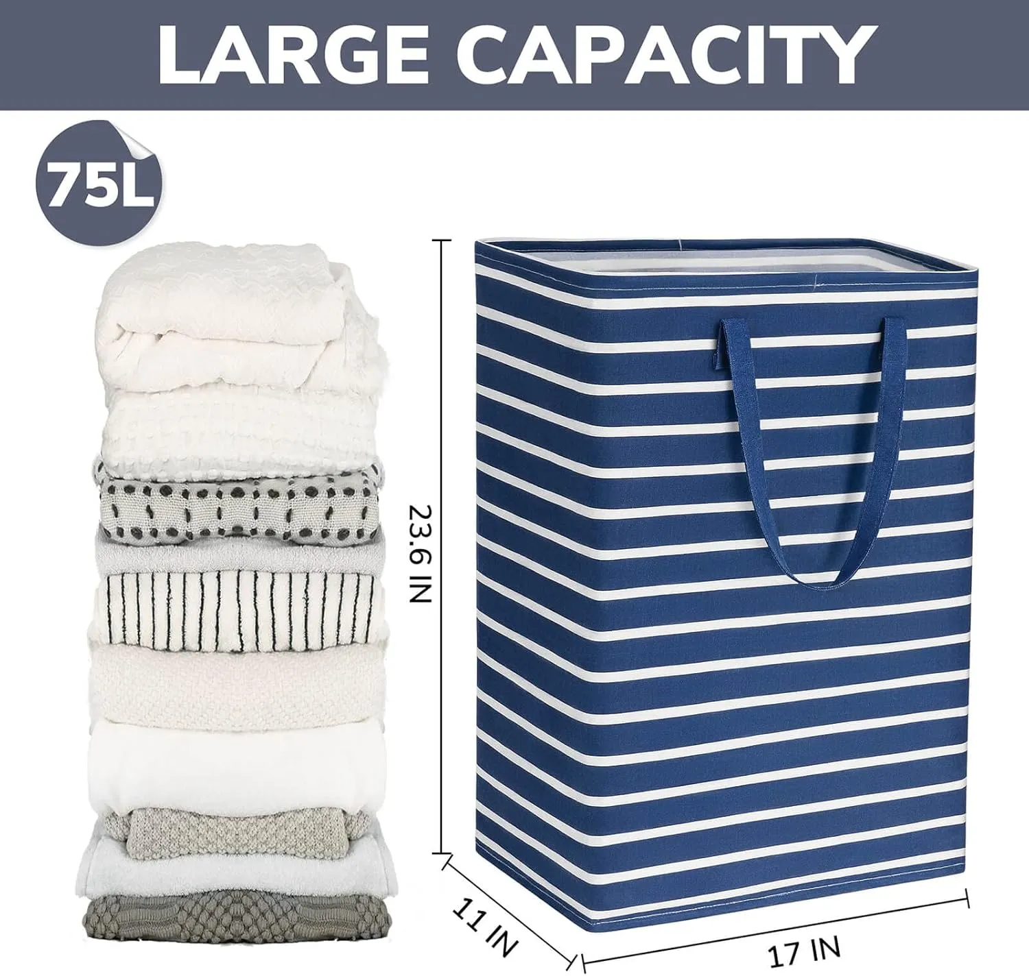 Goodpick Laundry Basket Tall Baby Foldable Laundry Hamper Kids Cute Large Storage Baskets for Organizing Toys Clothes Sheets Basket Organizer Bathroom, 75L Set of 2, Navy Blue
