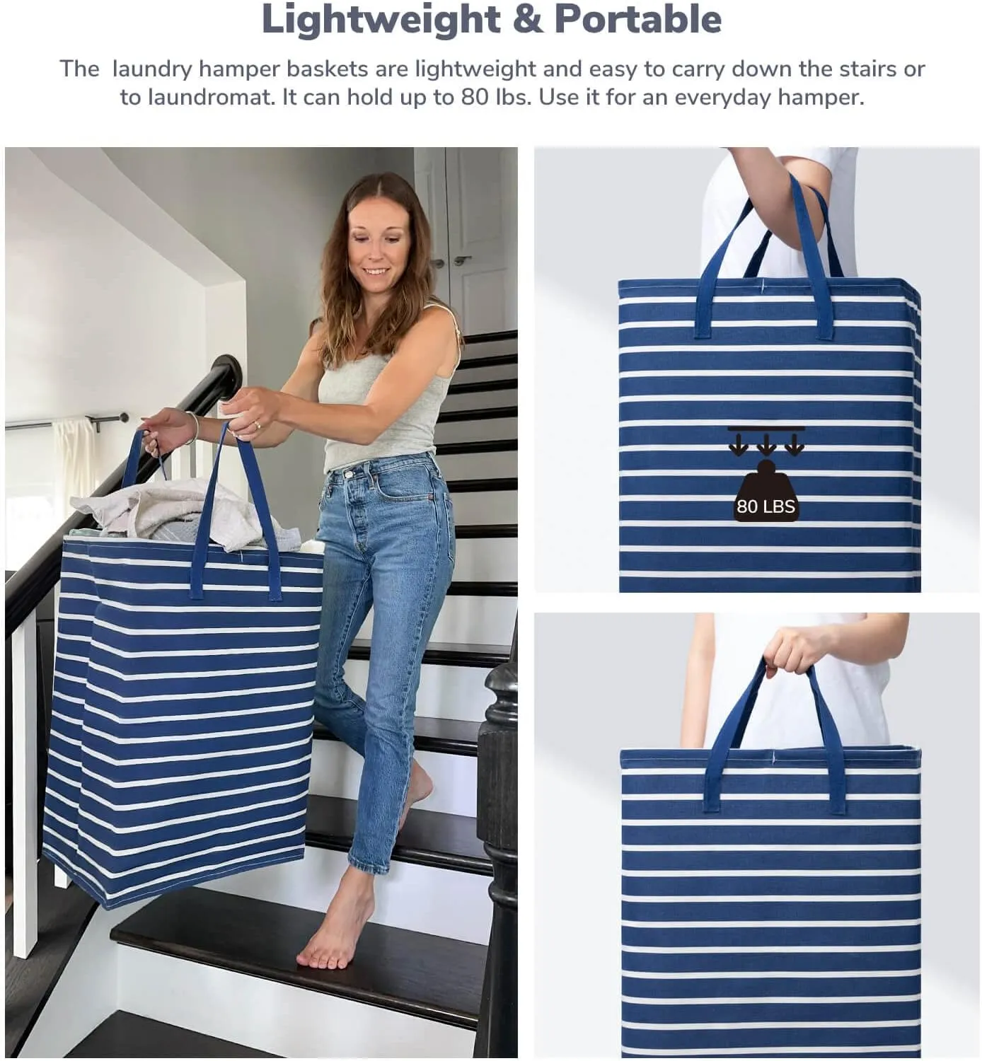 Goodpick Laundry Basket Tall Baby Foldable Laundry Hamper Kids Cute Large Storage Baskets for Organizing Toys Clothes Sheets Basket Organizer Bathroom, 75L Set of 2, Navy Blue