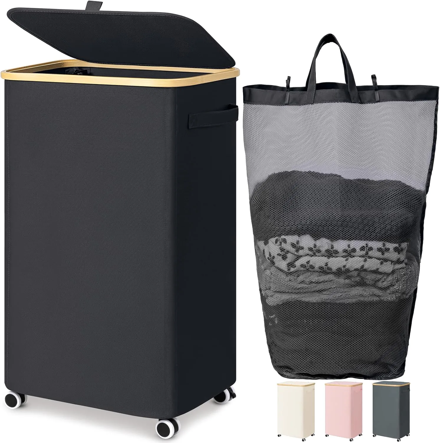 Goodpick Laundry Basket with Wheels, 100L Rolling Laundry Hamper with Lid Clothes Hampers for Laundry with Removable Wash Bag Large Clothes Basket for Bedroom, Bathroom, Black