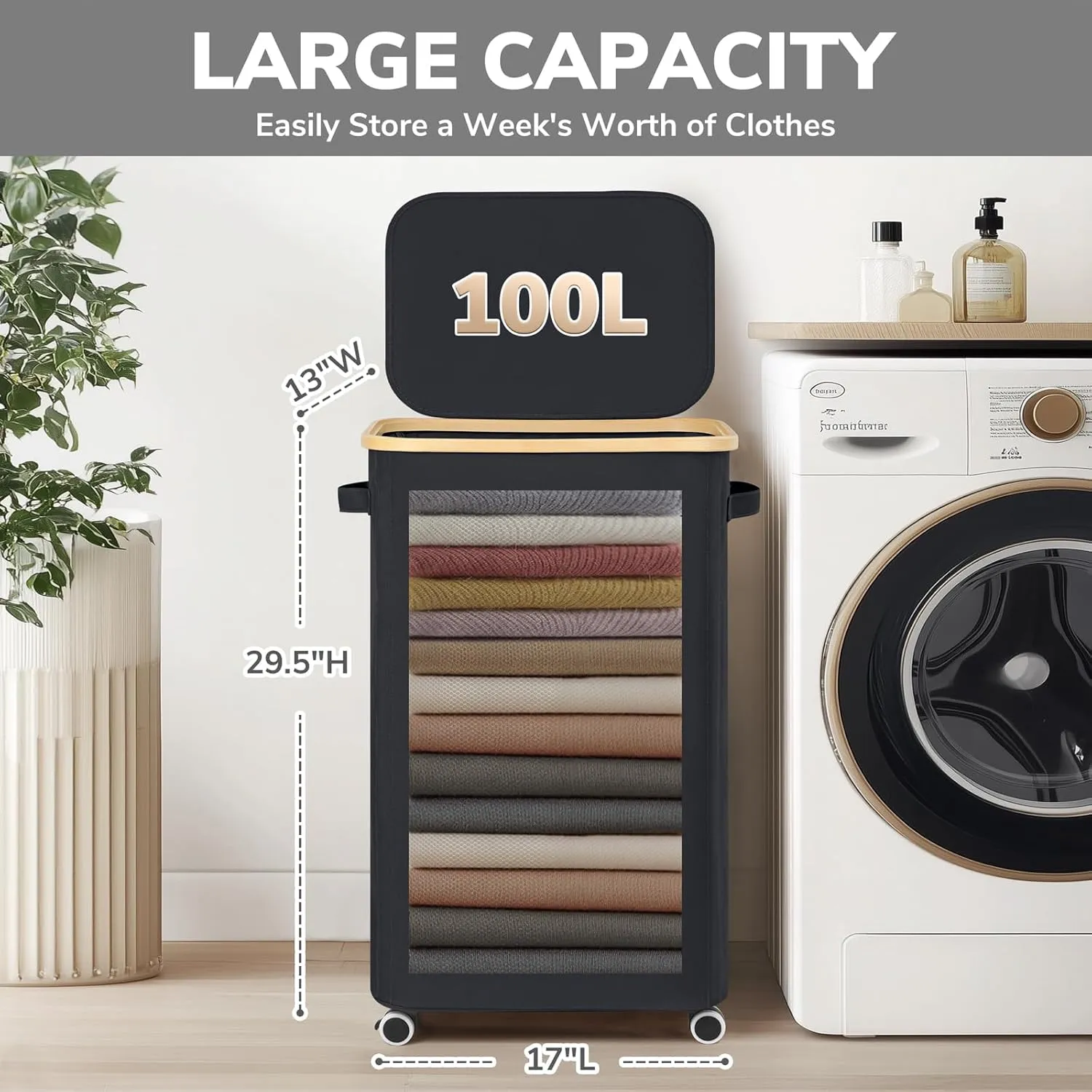 Goodpick Laundry Basket with Wheels, 100L Rolling Laundry Hamper with Lid Clothes Hampers for Laundry with Removable Wash Bag Large Clothes Basket for Bedroom, Bathroom, Black