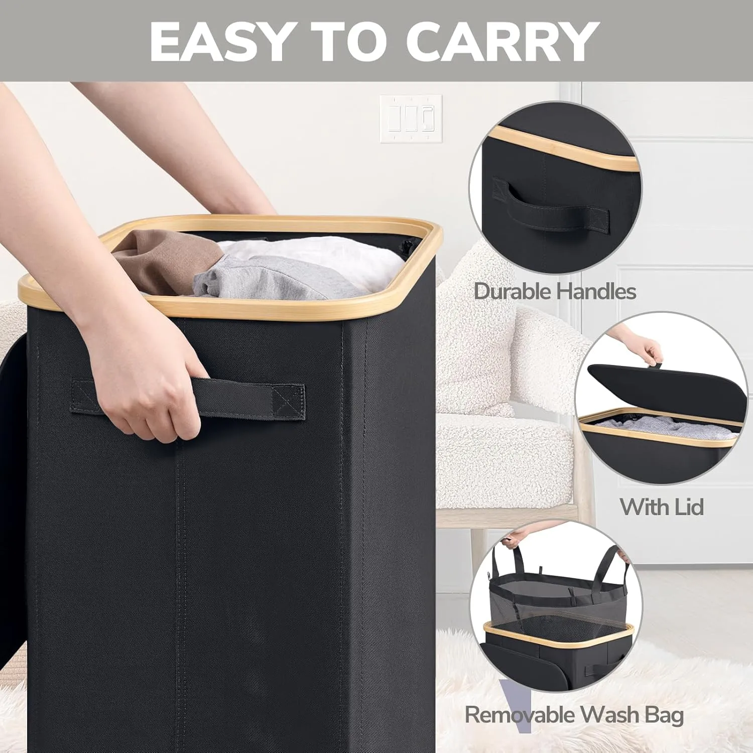 Goodpick Laundry Basket with Wheels, 100L Rolling Laundry Hamper with Lid Clothes Hampers for Laundry with Removable Wash Bag Large Clothes Basket for Bedroom, Bathroom, Black