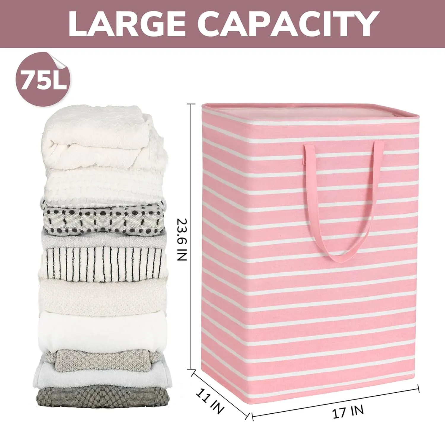 Goodpick Pink Laundry Basket Kids Baby Laundry Hamper Towels Dirty Clothes Baskets for Organizing Large Collapsible Laundry Baskets Baby Girls Toy Storage Bathroom, Dorm, 75L Set of 2, Pink