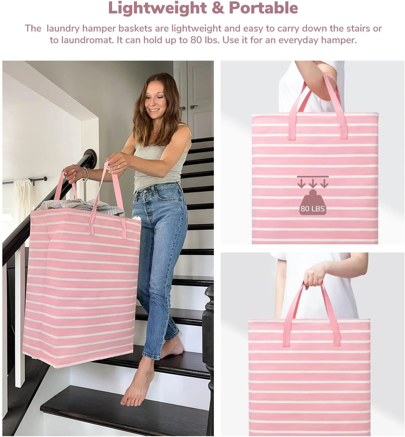 Goodpick Pink Laundry Basket Kids Baby Laundry Hamper Towels Dirty Clothes Baskets for Organizing Large Collapsible Laundry Baskets Baby Girls Toy Storage Bathroom, Dorm, 75L Set of 2, Pink