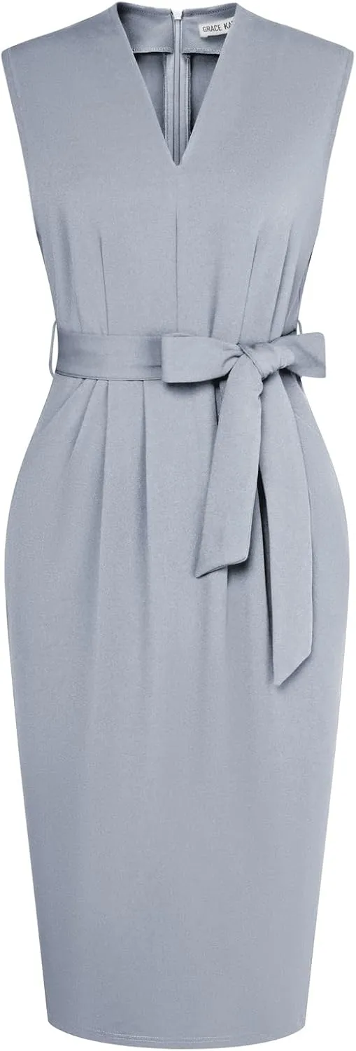 GRACE KARIN Women's Business Dresses Sleeveless V Neck Bodycon Sheath Dress Zipper Up Office Work Dress with Pockets