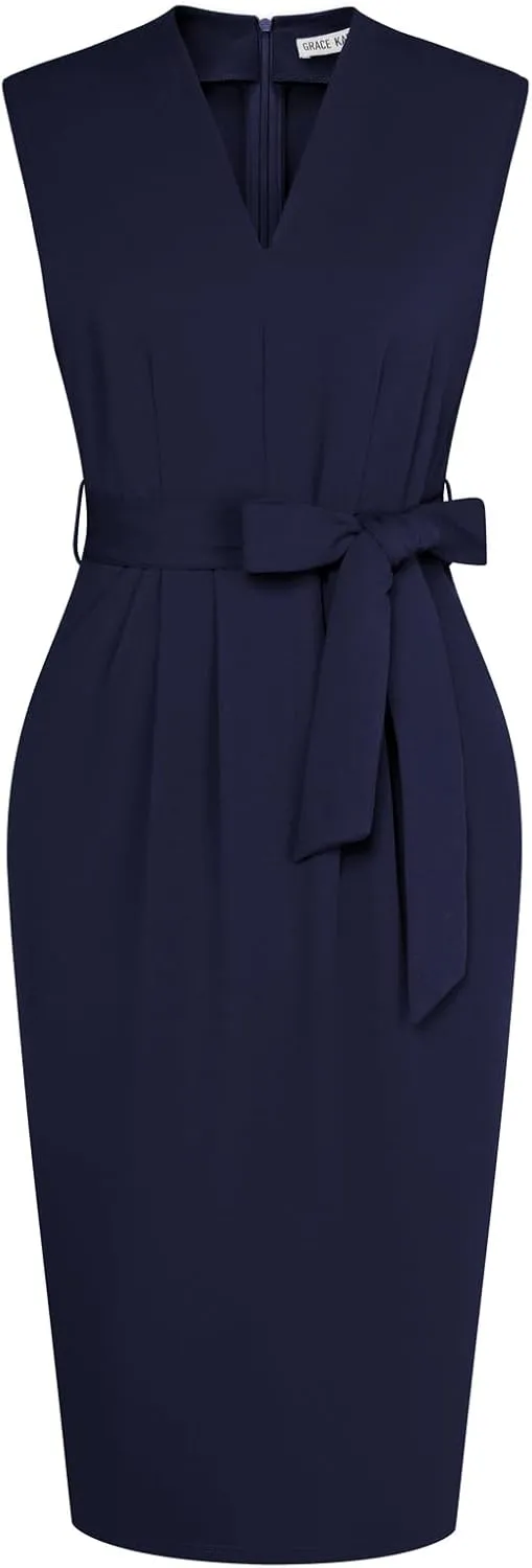 GRACE KARIN Women's Business Dresses Sleeveless V Neck Bodycon Sheath Dress Zipper Up Office Work Dress with Pockets