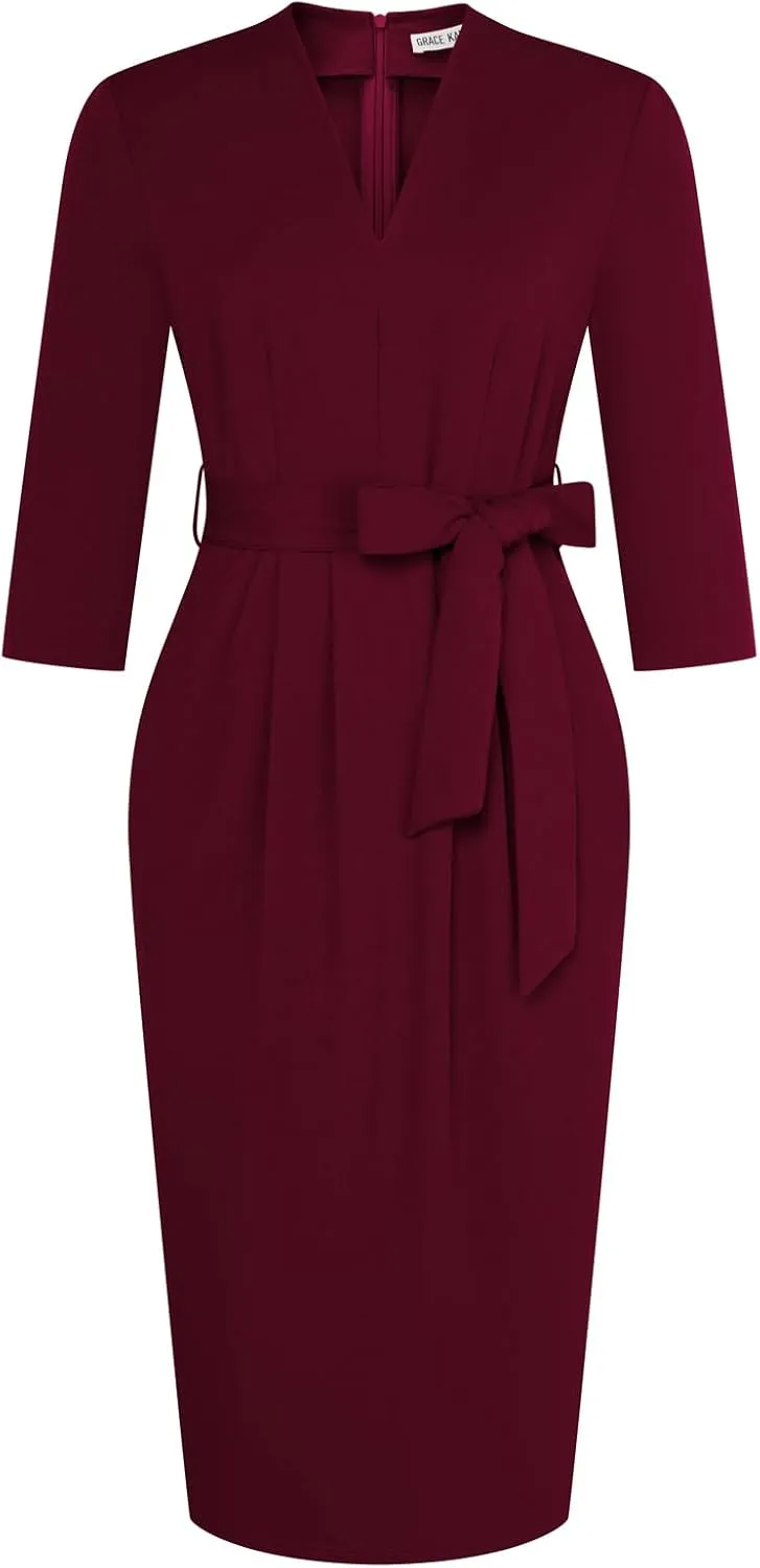 GRACE KARIN Womens Work Dresses V Neck 3/4 Sleeve Back Zipper Tie Waist Bodycon Dress Office Cocktail Dress with Pockets