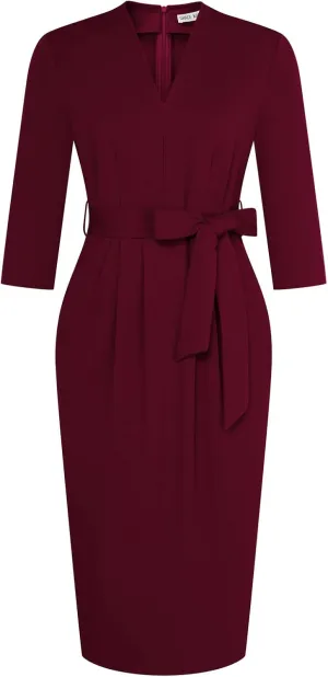 GRACE KARIN Womens Work Dresses V Neck 3/4 Sleeve Back Zipper Tie Waist Bodycon Dress Office Cocktail Dress with Pockets